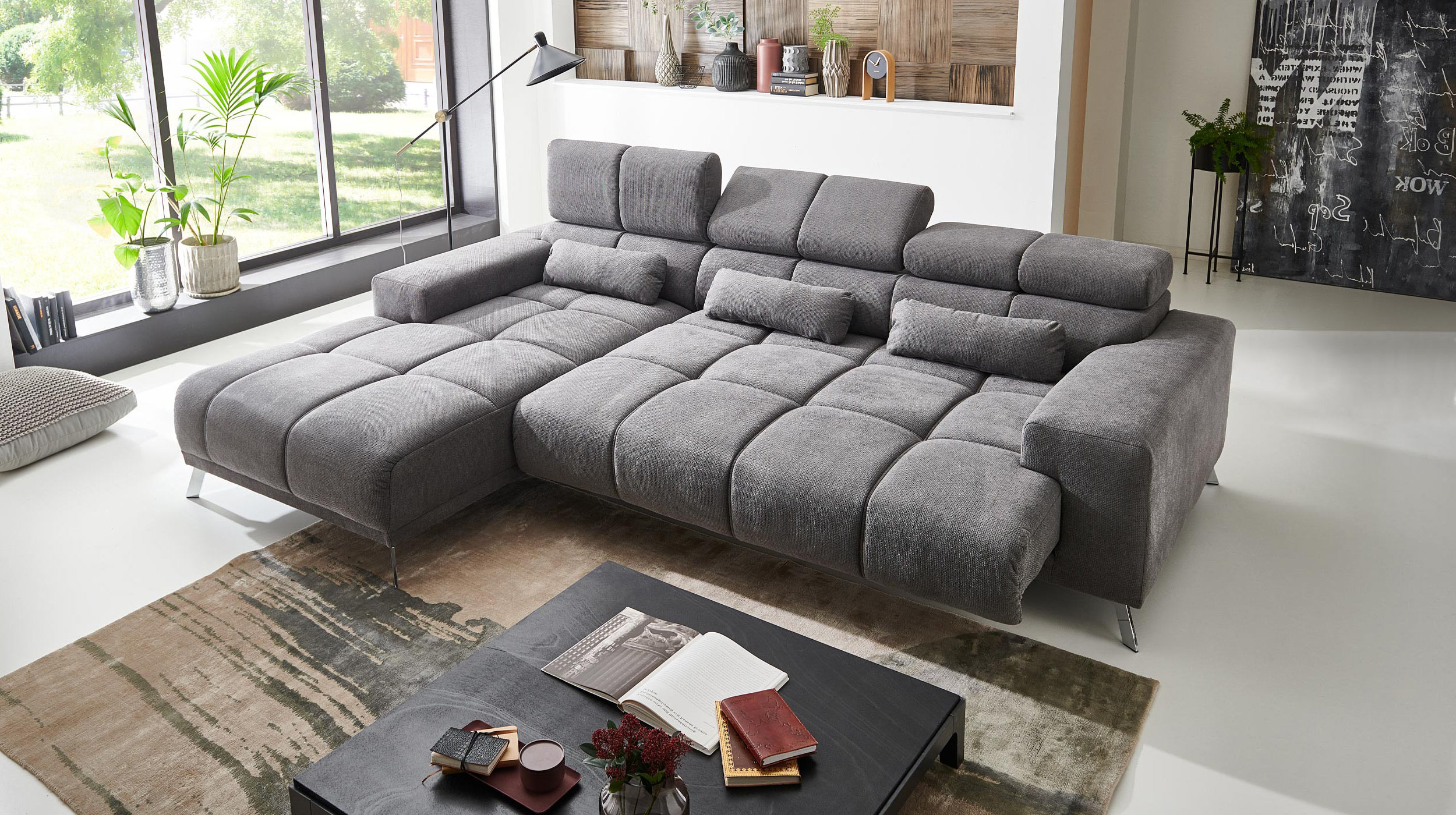 Ecksofa grau ausziehbar - Sitztiefenverstellung 285 cm - OT links - SPEED
