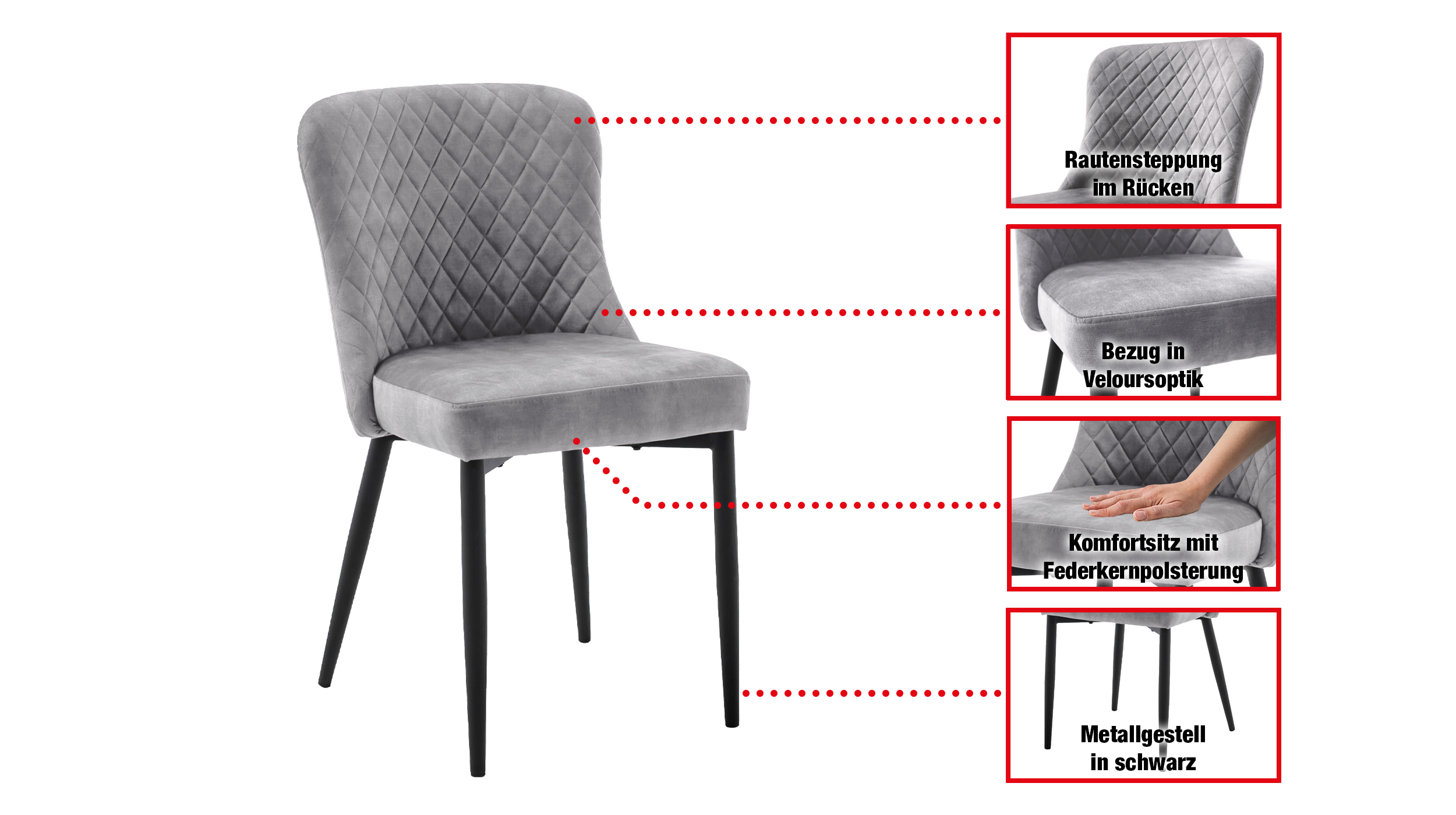 Polsterstuhl grau Metallgestell Stoffbezug Veloursoptik - ABOSHI