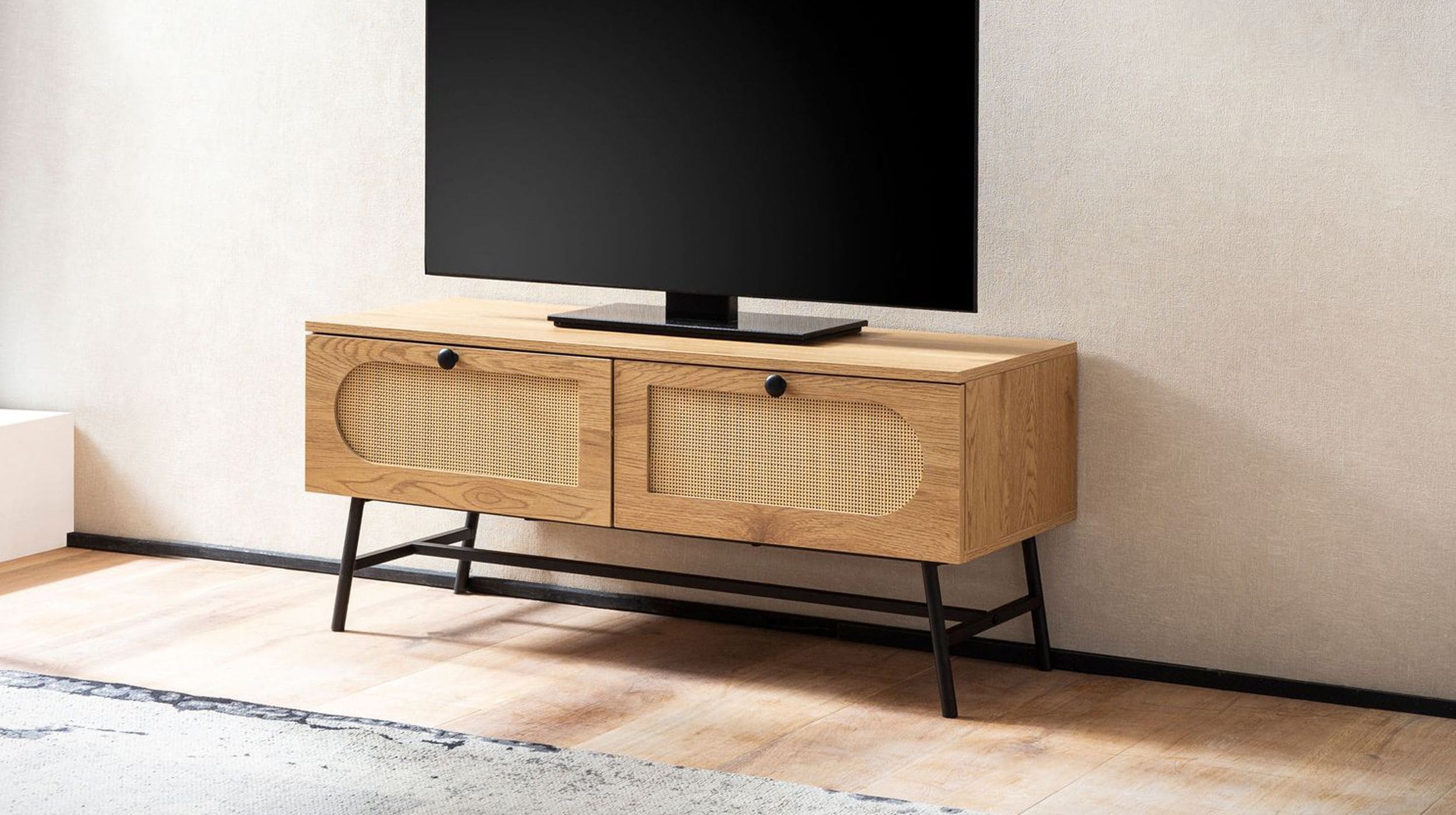 TV - Lowboard Eiche Holzdekor - Rattan 100 cm - RATVAN