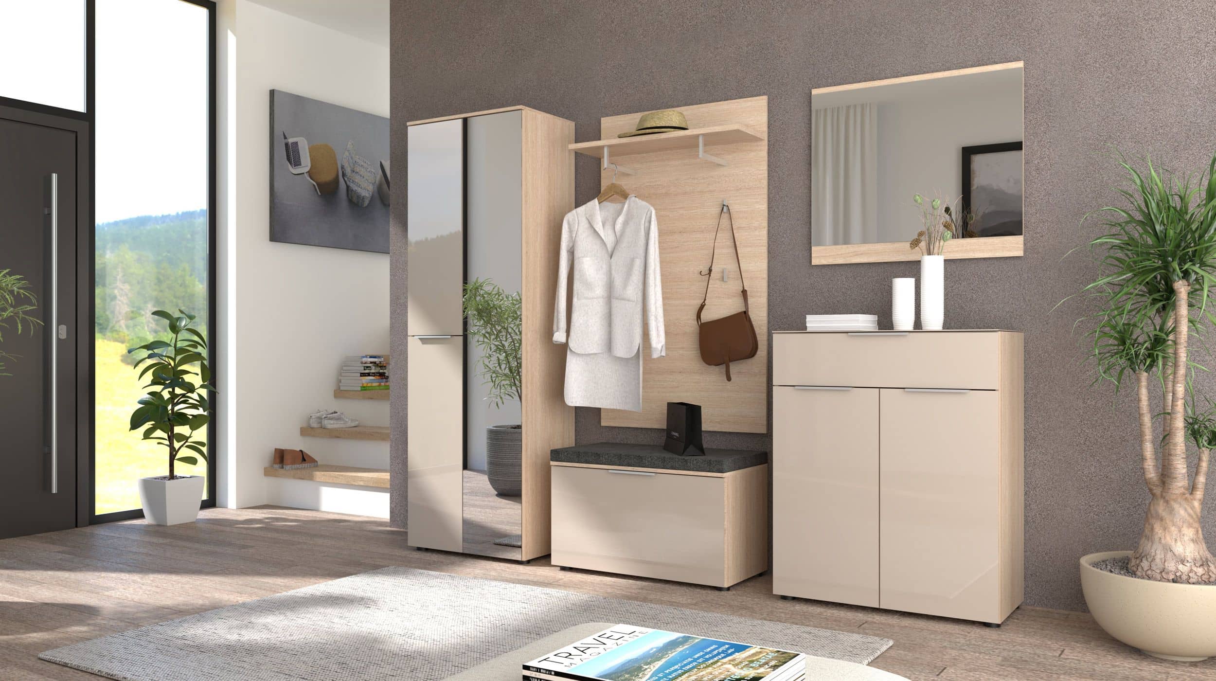 Garderoben-Set beige Glasfront Eiche 255 x 196 cm - SANTORIN