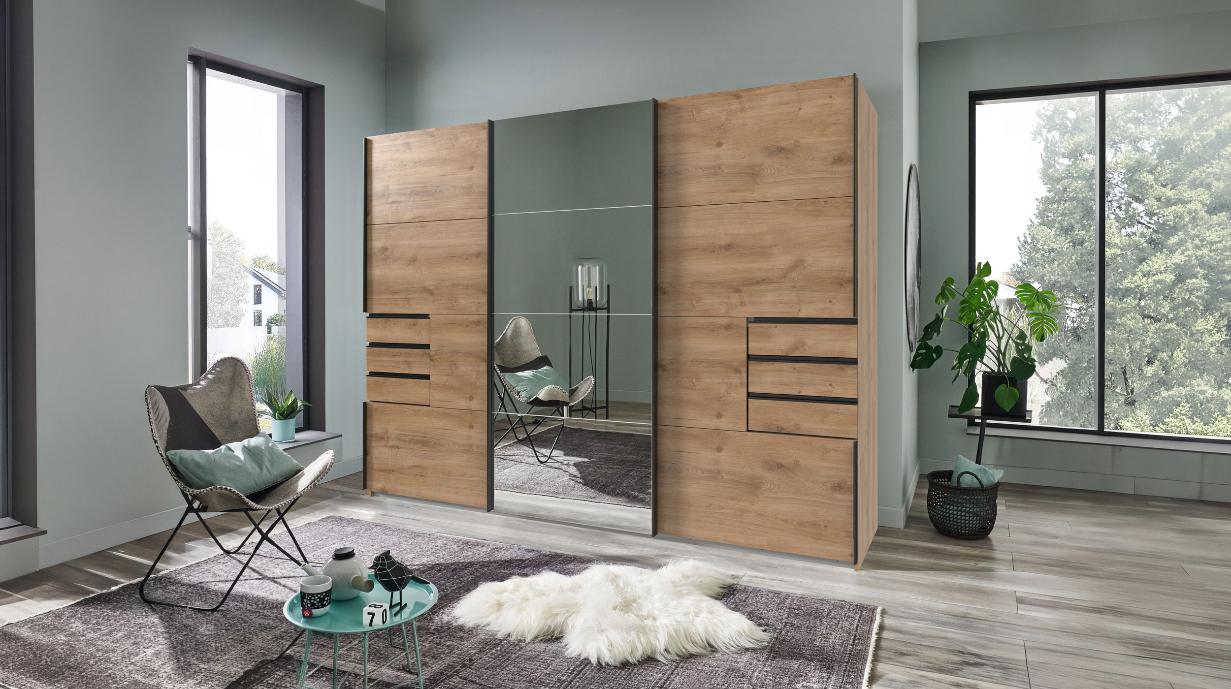 Schwebetürenschrank mit Spiegel Plankeneiche 270 cm - 3-türig - SAIGON