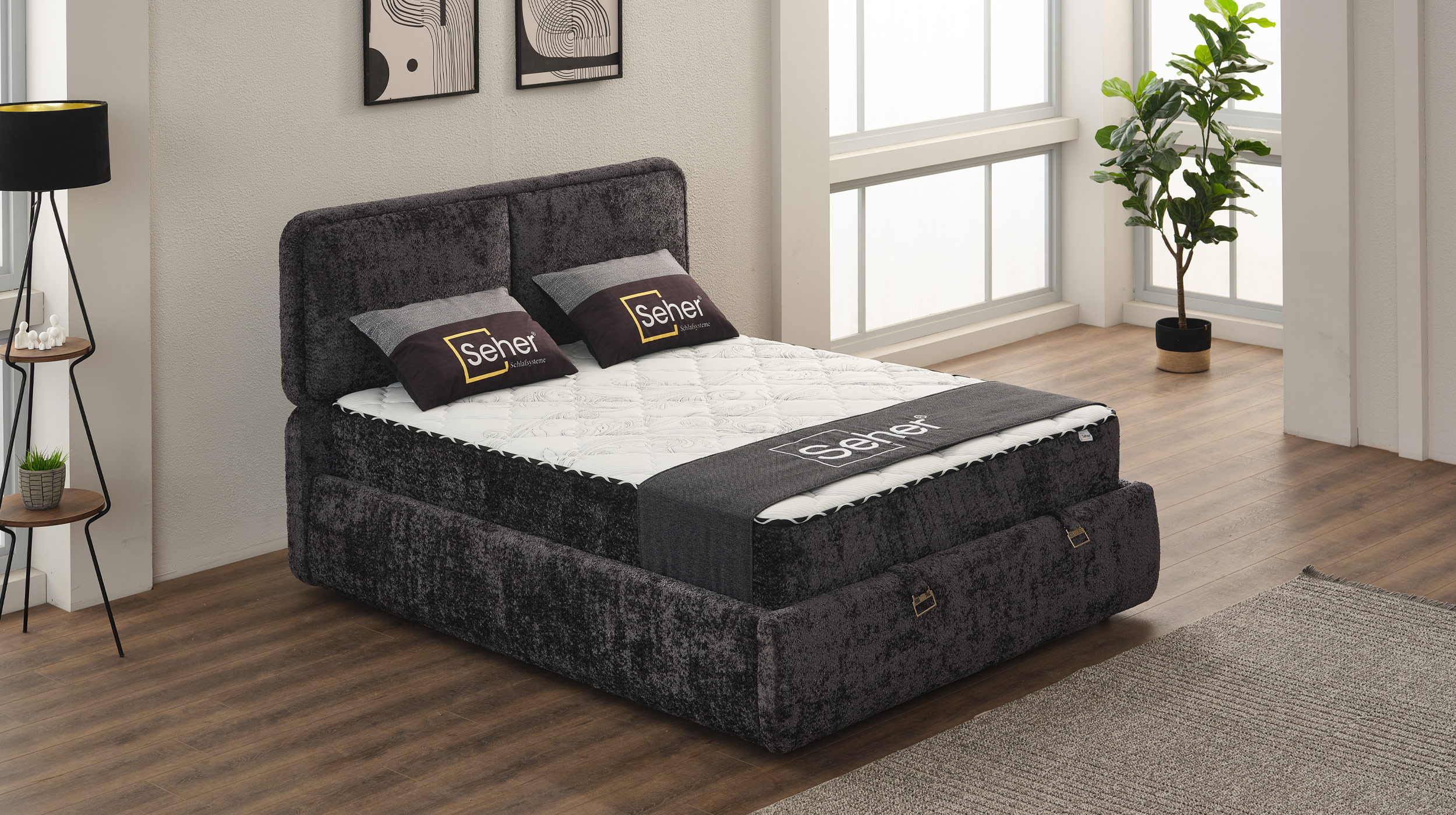 Boxbett 180 x 200 cm Chenille anthrazit Bettkasten - RHODOS