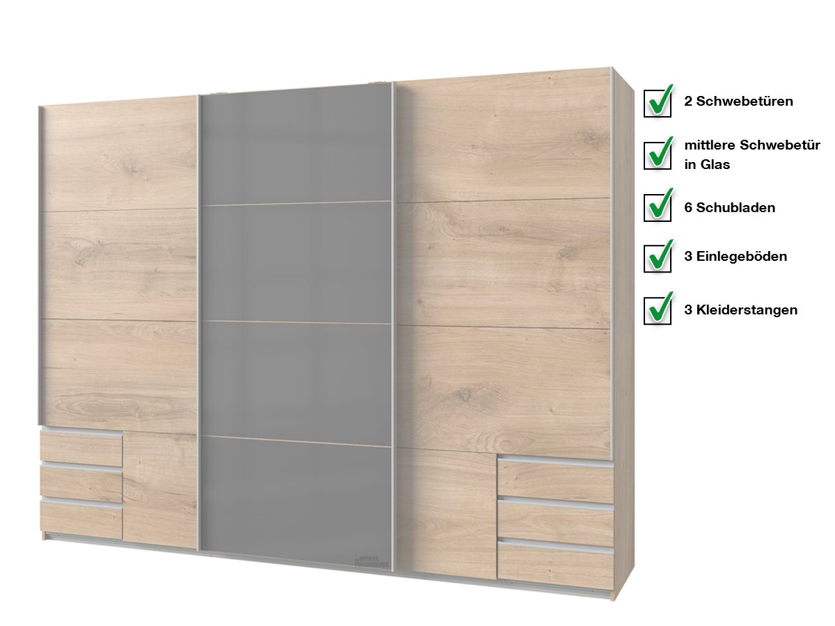 Schwebetürenschrank Glasfront - Plankeneiche - graphit - 270 cm - VALENCIA