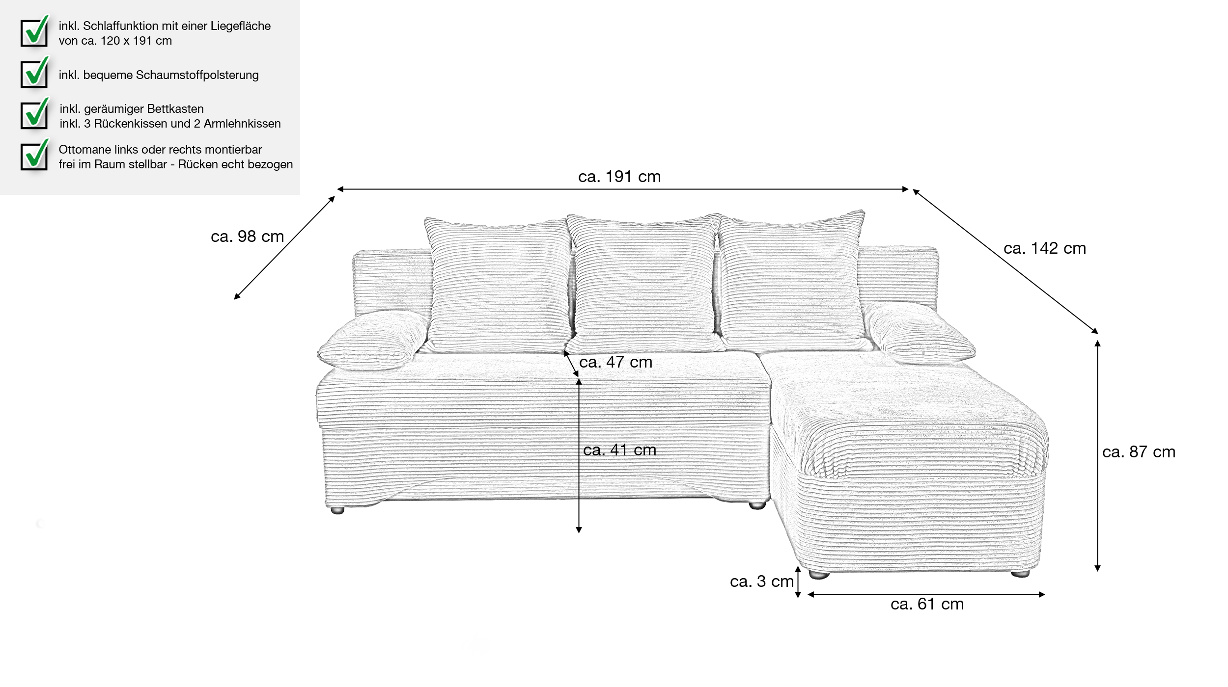 Ecksofa Cord grau Schlaffunktion Bettkasten 191 x 142 cm - POLARIS