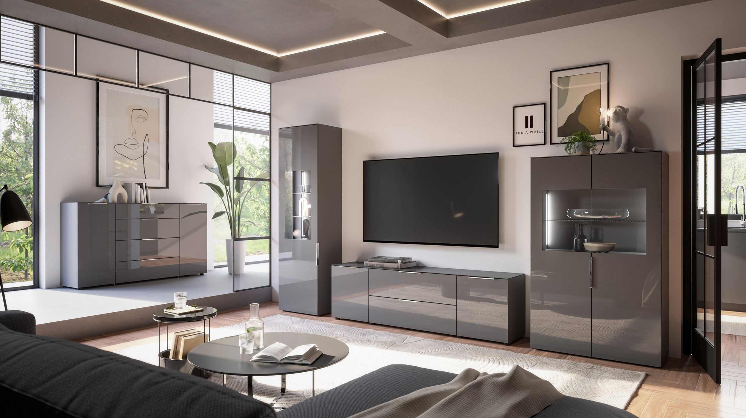 Vitrine mit Beleuchtung anthrazit - Glasfront - Breite 55 cm - SANTORIN