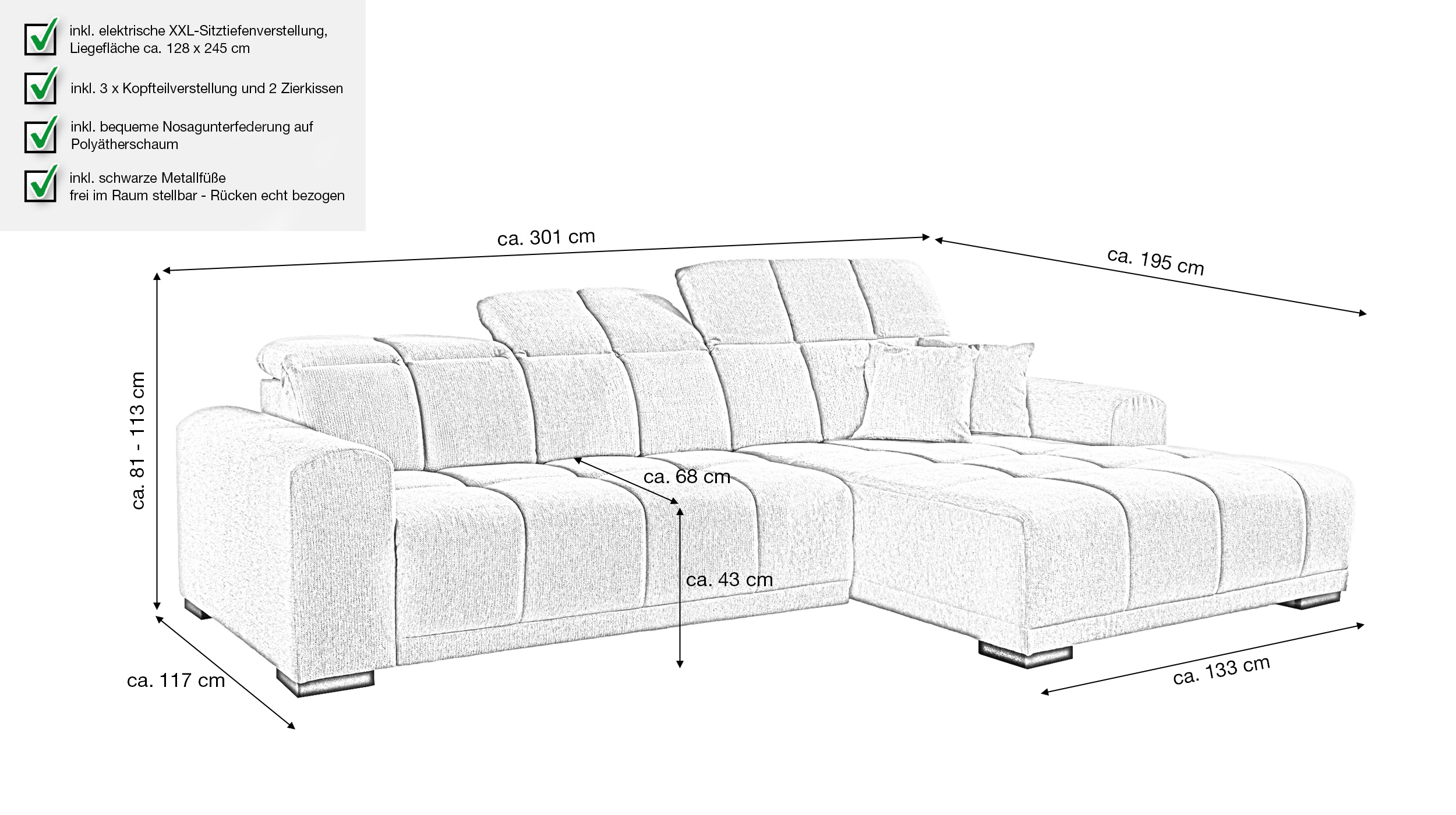 Ecksofa grau elektrisch ausfahrbar 301 x 195 cm - OT rechts - MASTER