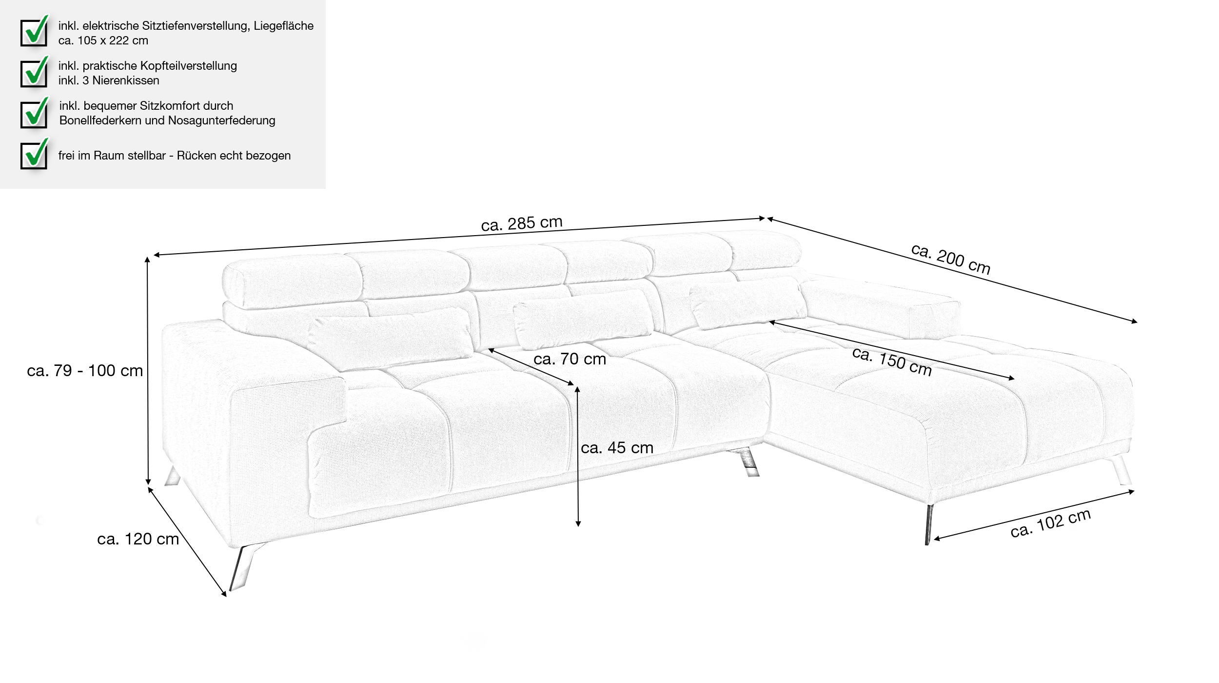 Ecksofa schwarz ausziehbar - Sitztiefenverstellung 285 cm - OT rechts - SPEED