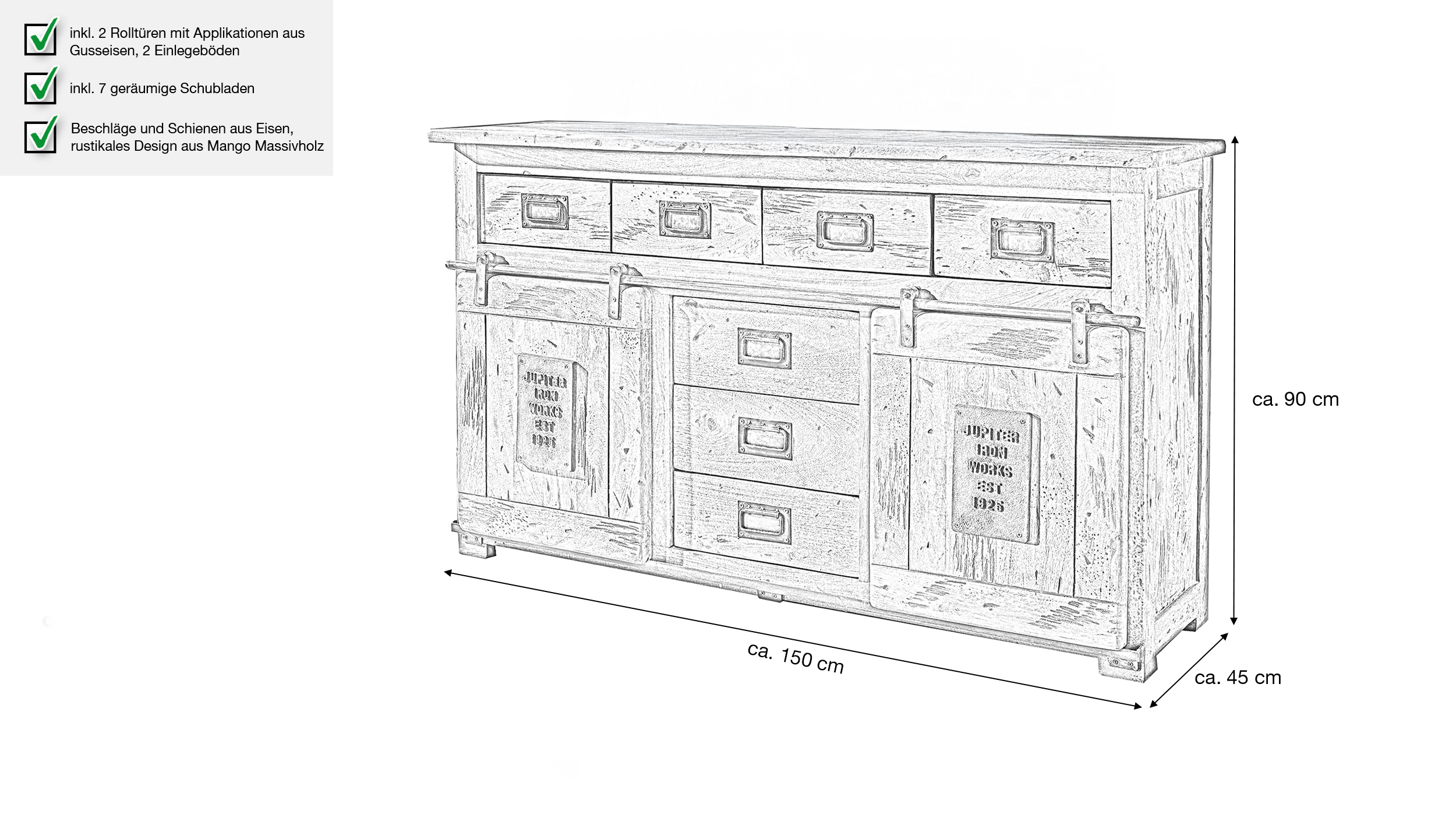 Sideboard 2 Rolltüren Mango massiv 150 cm - montiert - EMANUEL