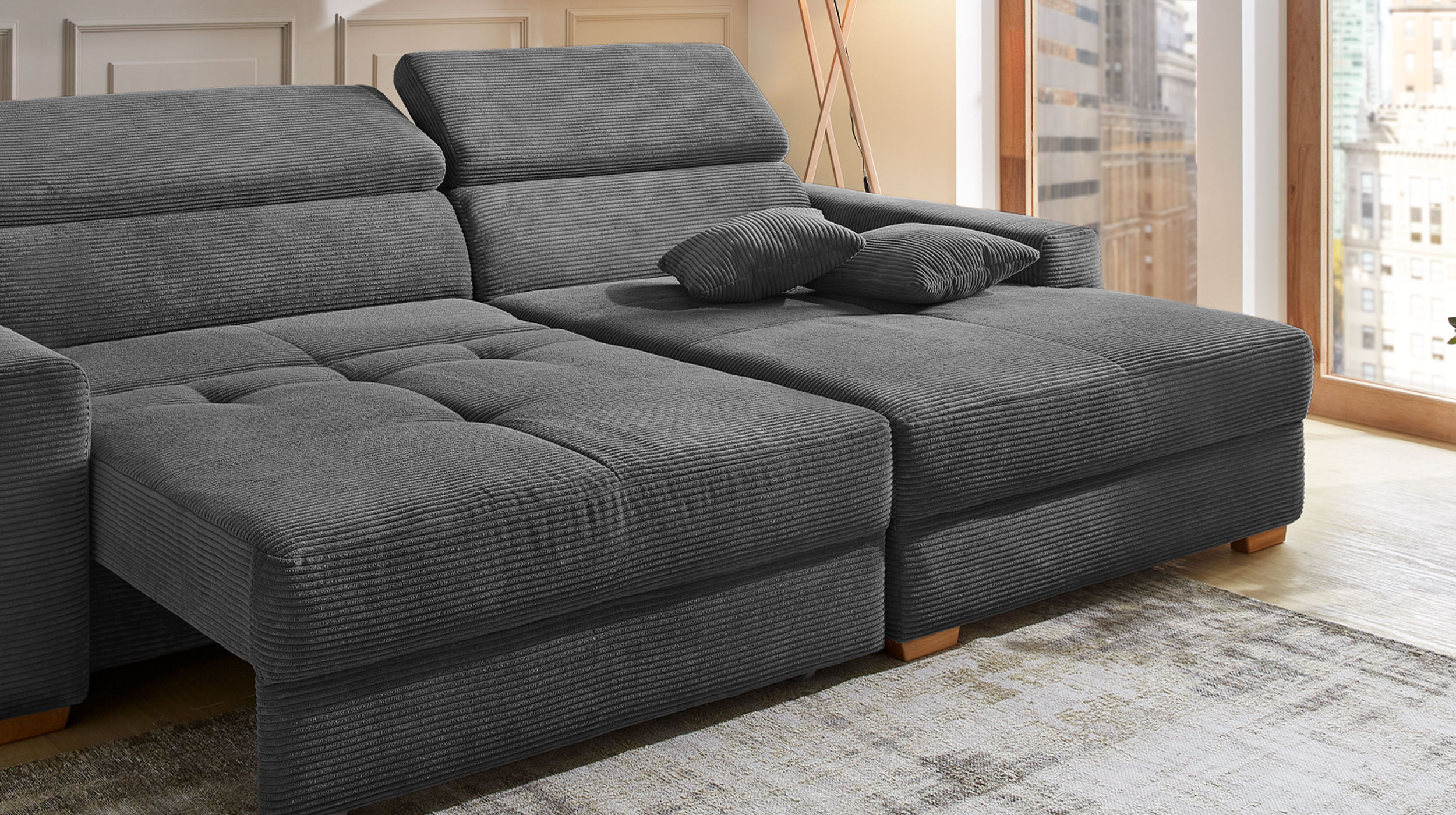 Ecksofa Cord grau ausziehbar - Sitztiefenverstellung 277 cm - SLIDER