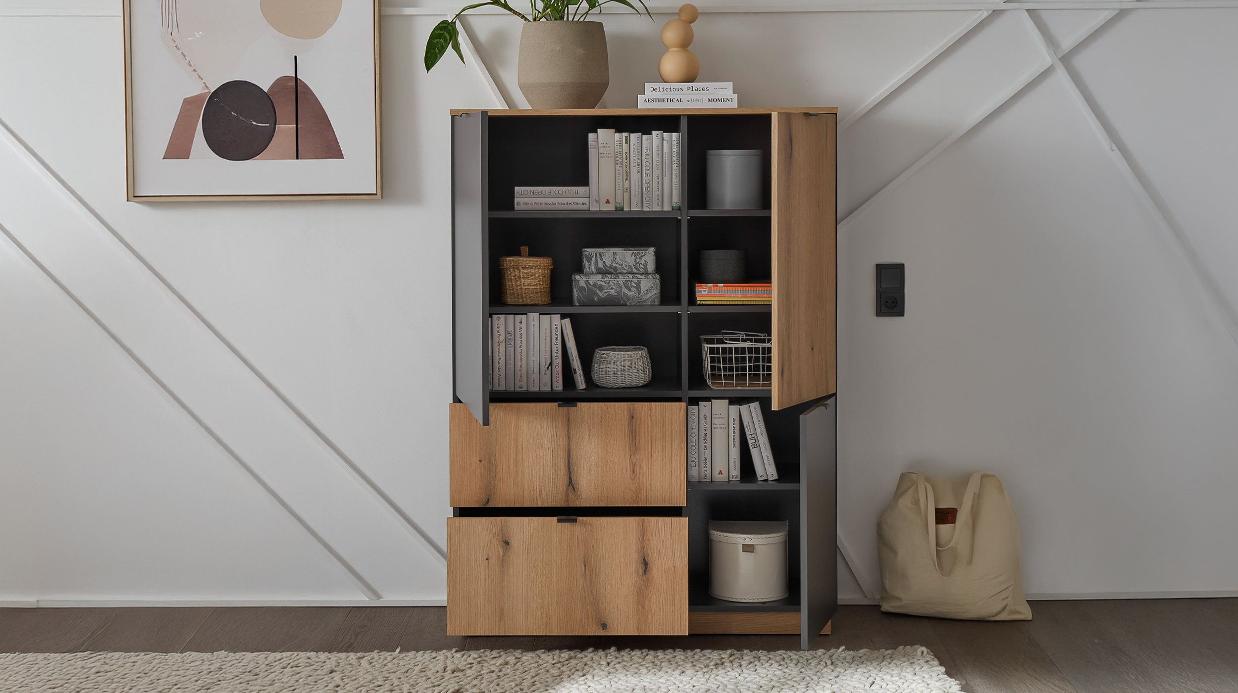 Highboard 3 Türen 2 Schubladen anthrazit - Eiche 103 cm - VINCE