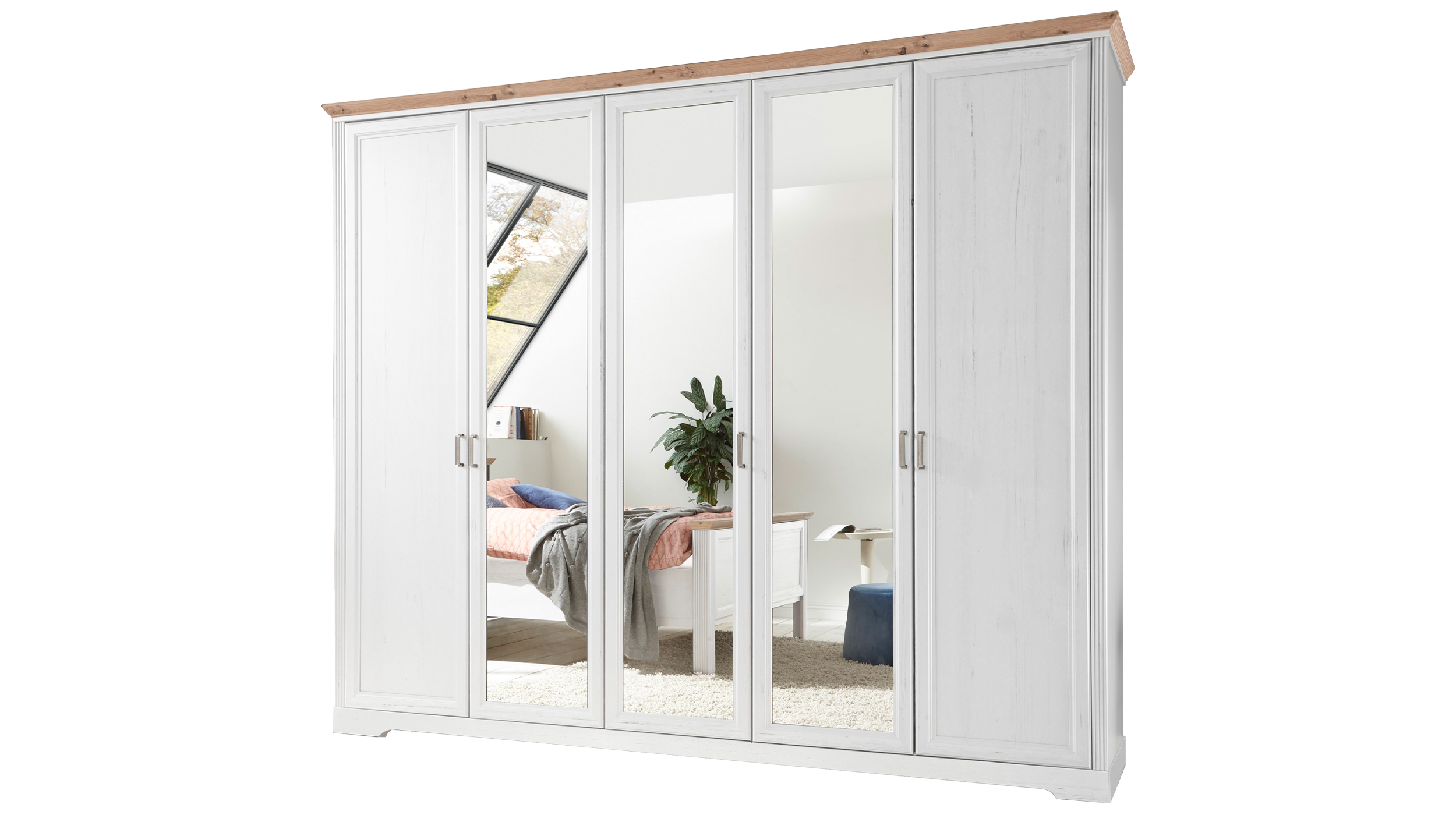 Kleiderschrank mit Spiegel - weiß - Artisan Eiche - 266 cm - JASMIN
