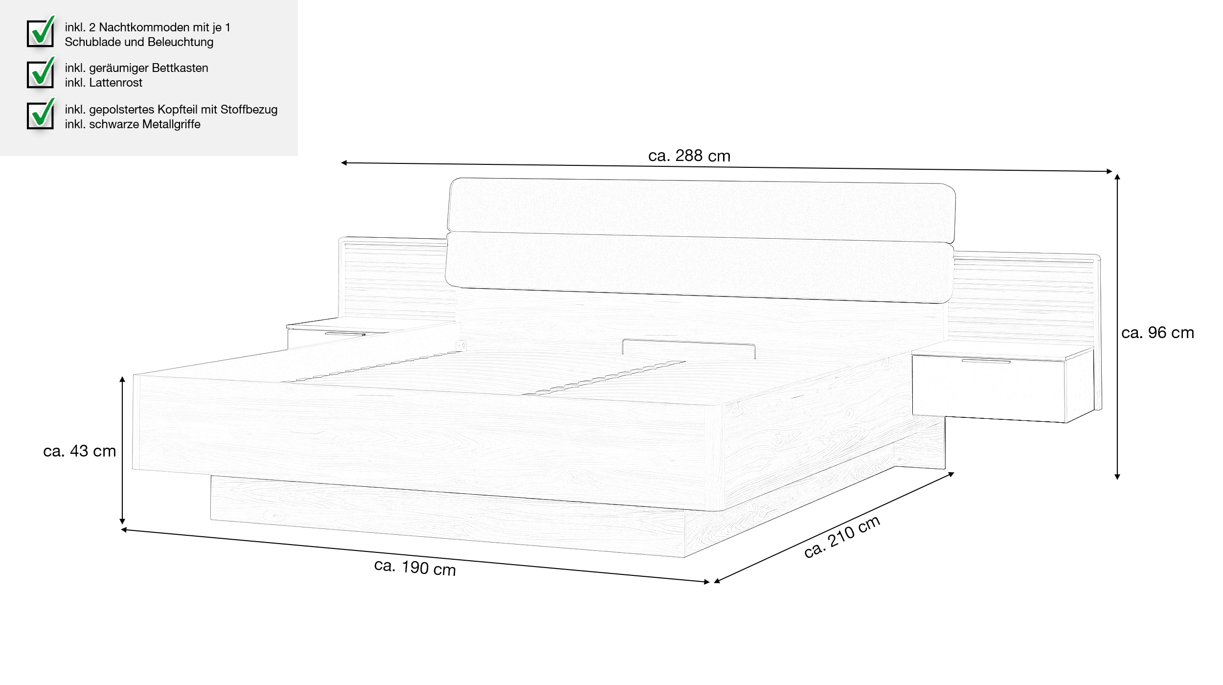 Bettanlage 180 x 200 cm Wildeiche - mit Bettkasten - VALPECULA 