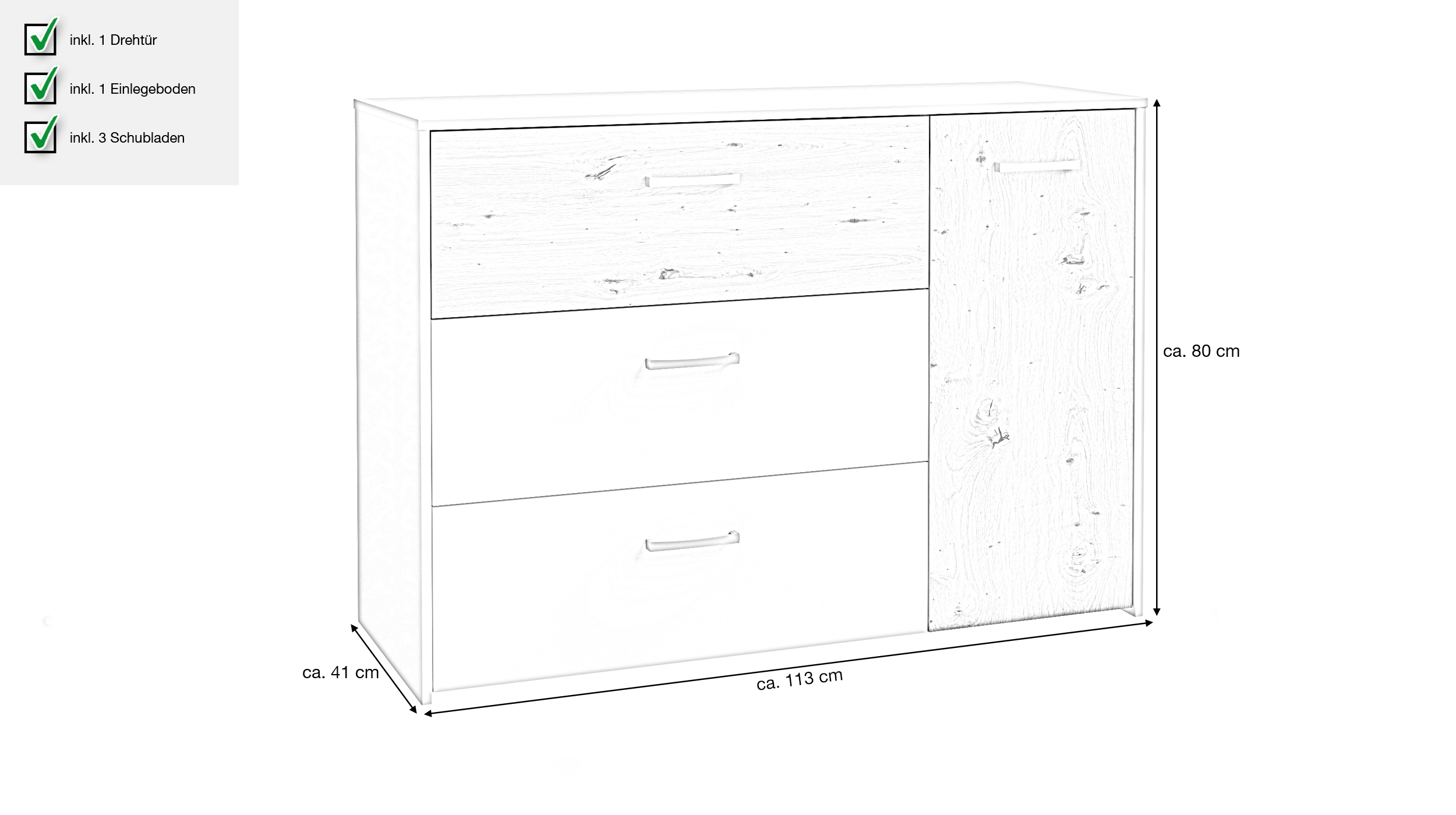 Kommode mit 3 Schubladen weiß - Eiche 113 cm - CULGOA