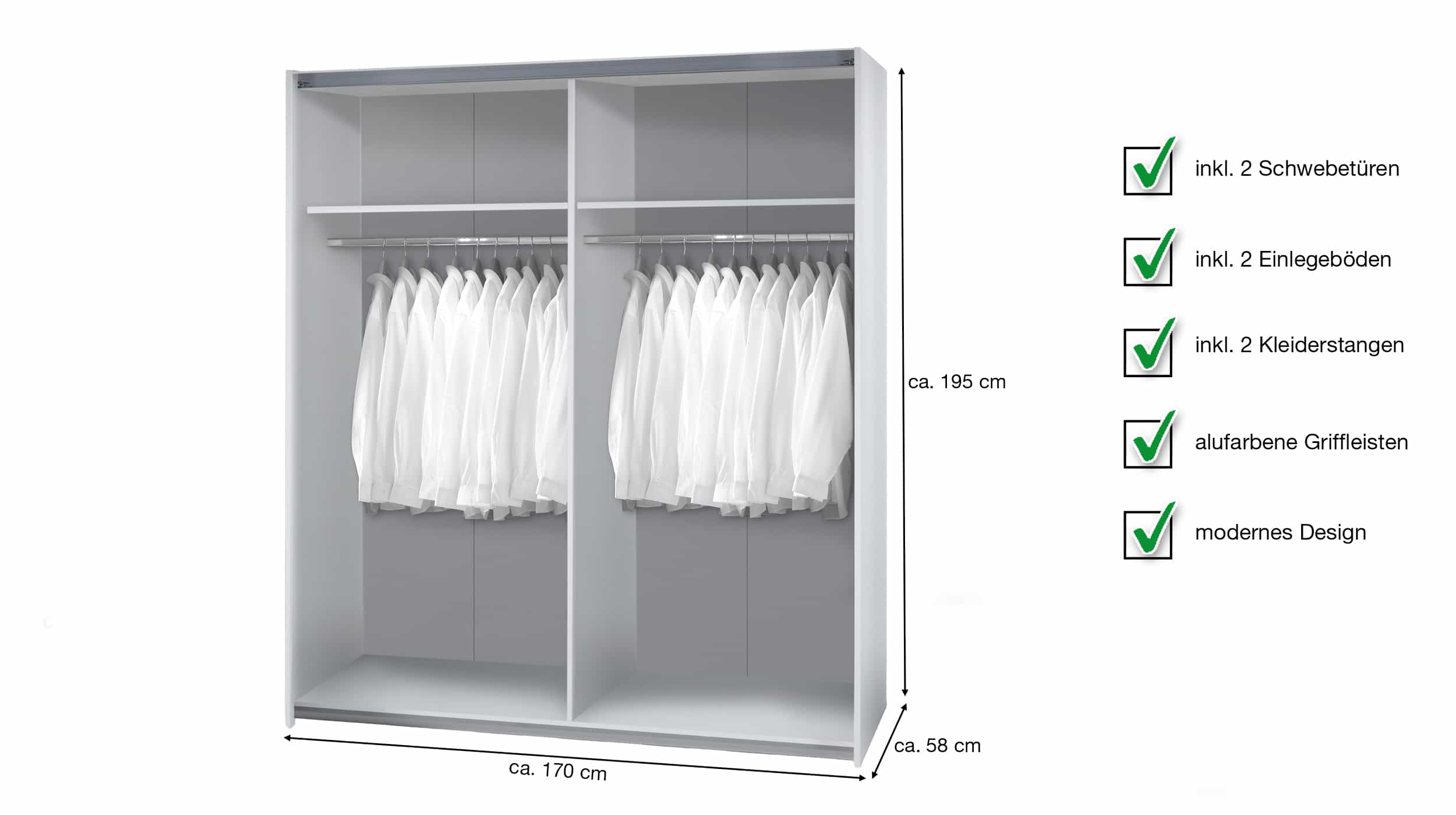 Schwebetürenschrank San Remo - weiß 170 cm 2-türig - TIME