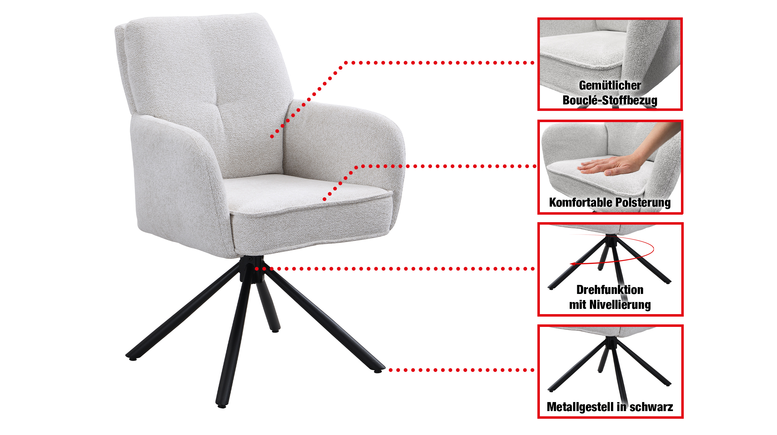 Armlehnstuhl creme Drehstuhl Taschenfederkern - JÖRDIS