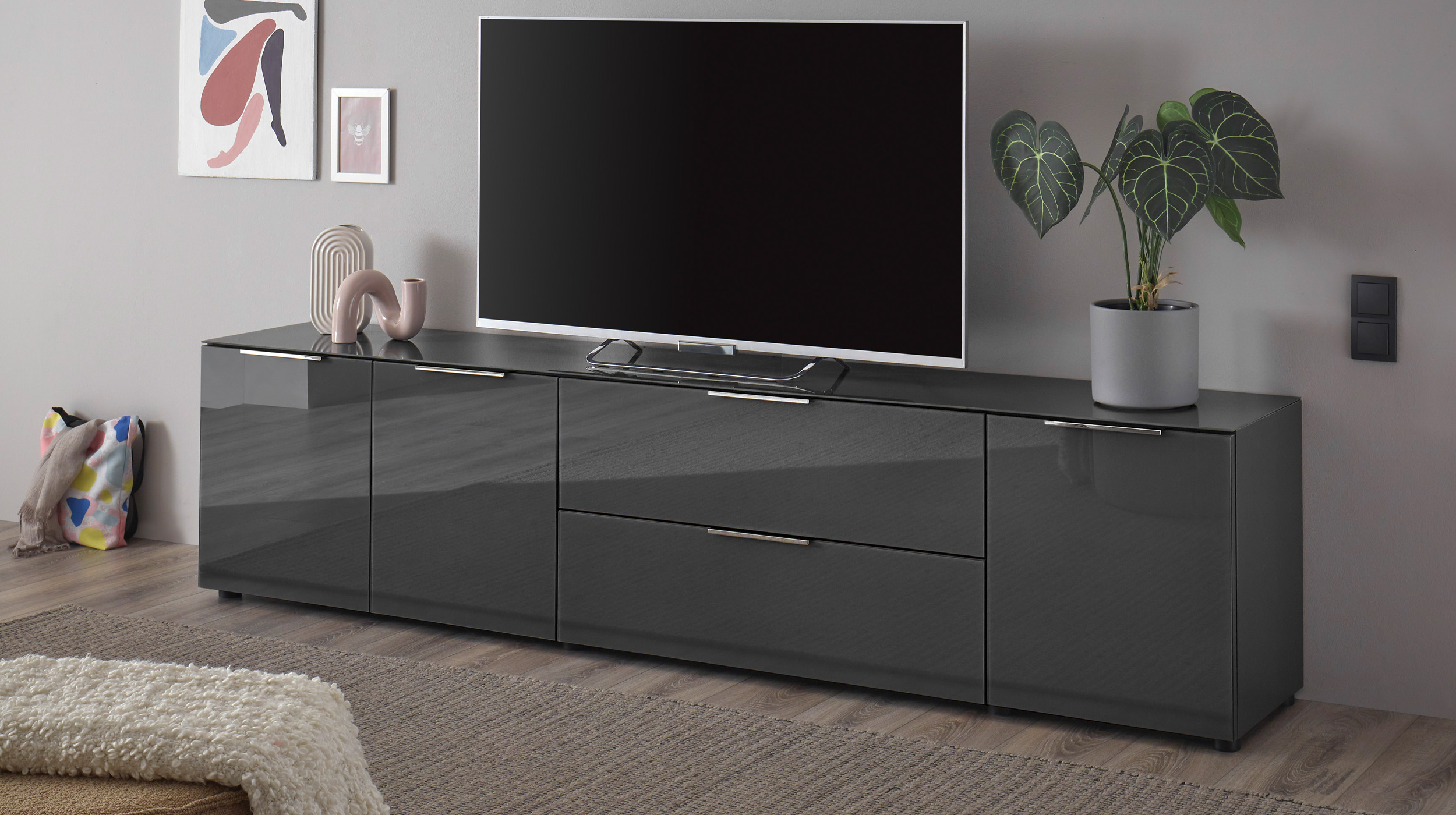 TV-Lowboard anthrazit - Glasfront - 226 cm - SANTORIN