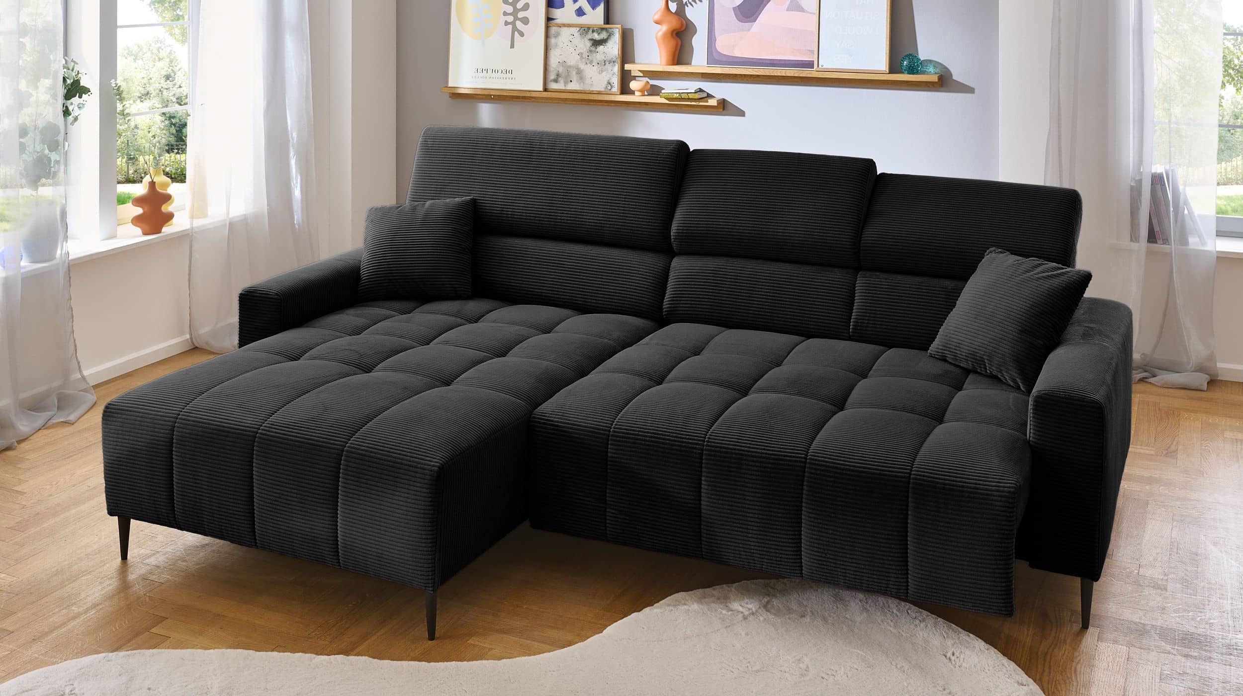 Ecksofa Cord schwarz - 256 x 180 cm - Sitztiefenverstellung - SIMPLE