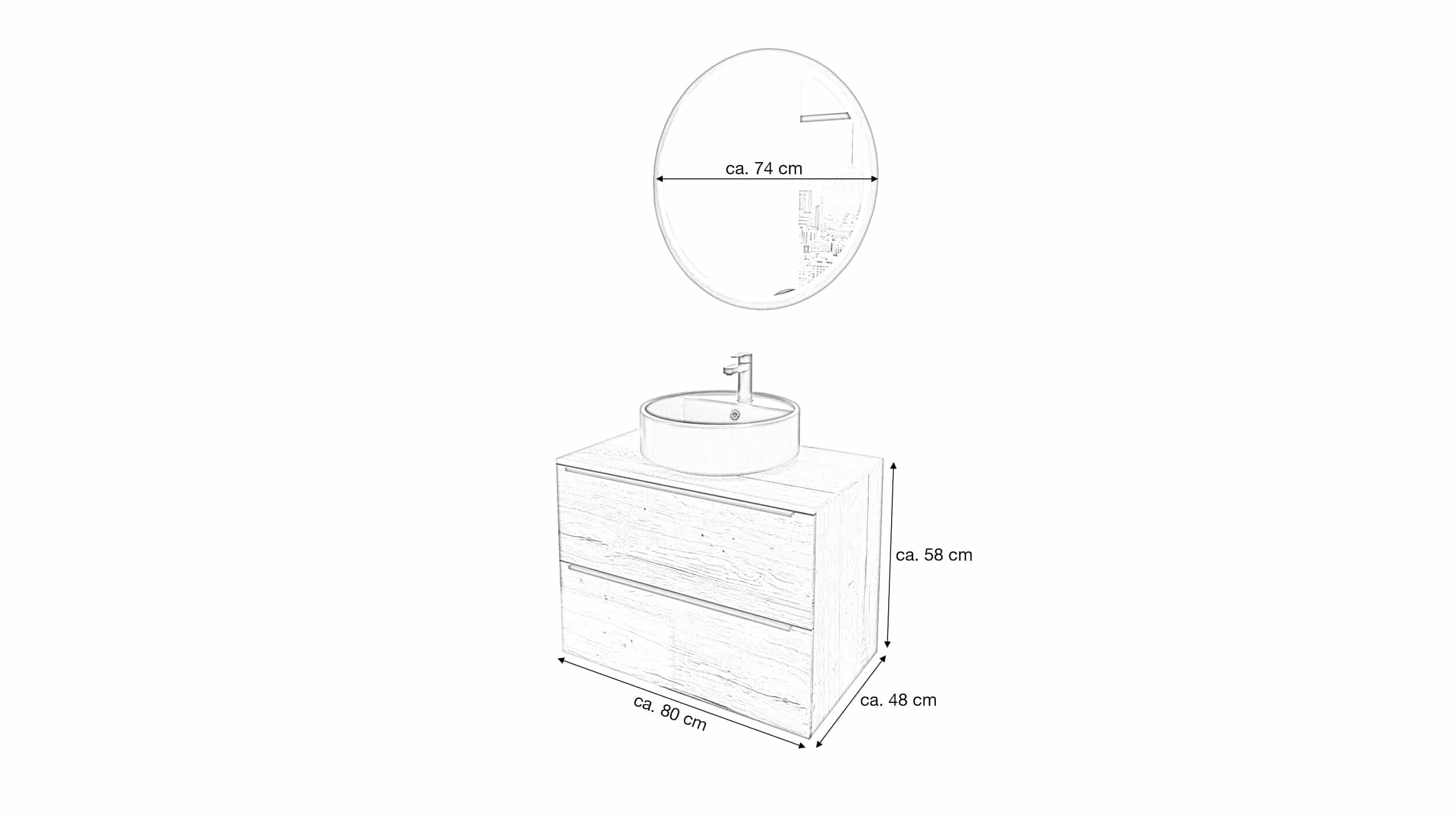 Badmöbel-Set Eiche - 2 Teile - Waschtisch 80 cm - SOLE