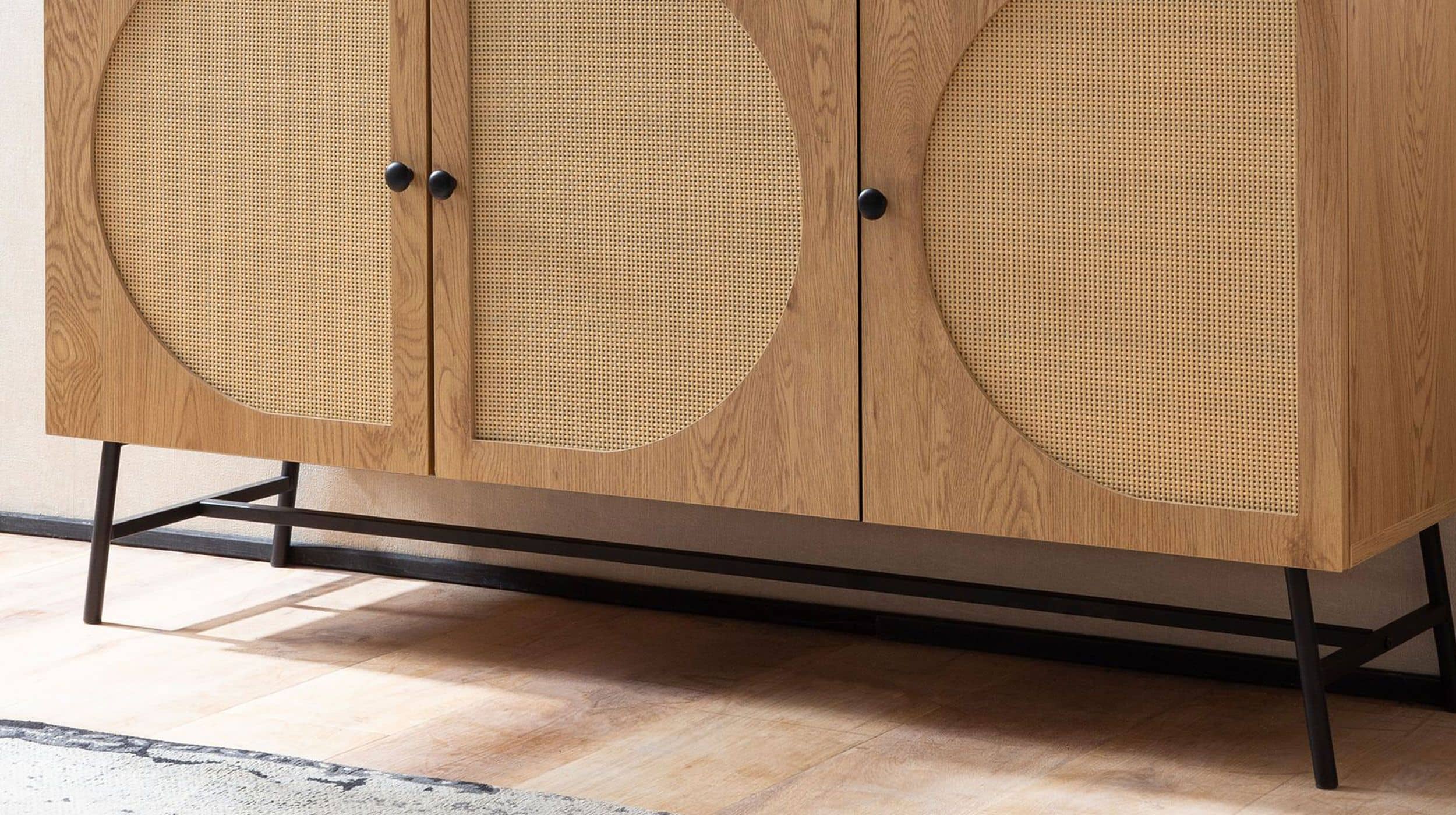 Sideboard Eiche Holzdekor - Rattan 140 cm - 3-türig - RATVAN