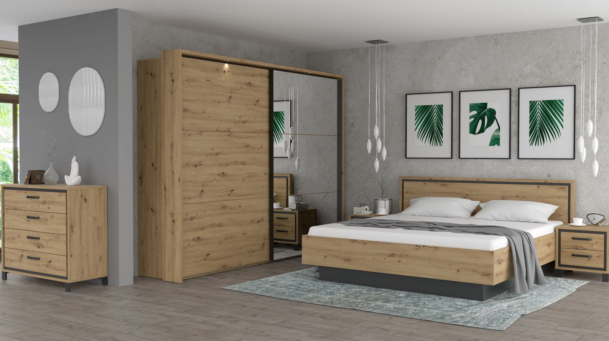 Schwebetürenschrank mit Spiegel - Artisan Eiche - 270 cm - TRONDHEIM