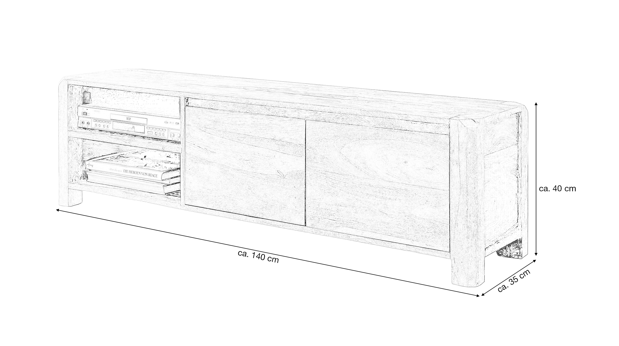 TV-Lowboard Sheesham massiv gebeizt 140 cm - KNUT 