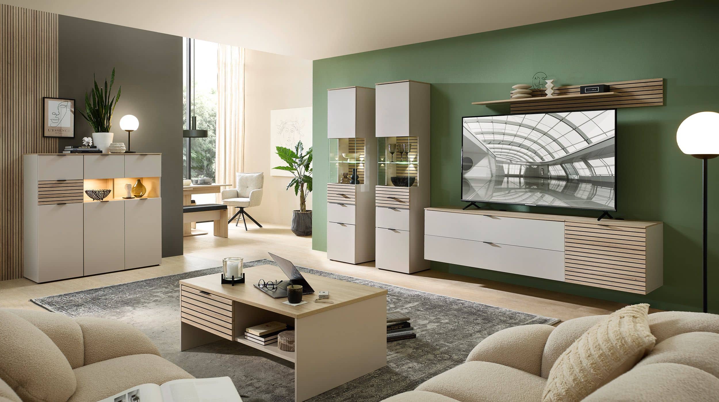 Wohnwand beige - Riva Eiche 320 cm LED-Beleuchtung - INA