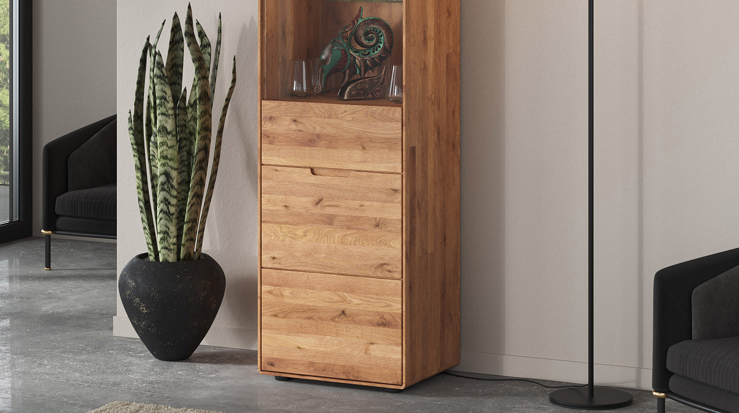 Vitrine mit Glastür Wildeiche massiv Breite 51 cm - LUCAS