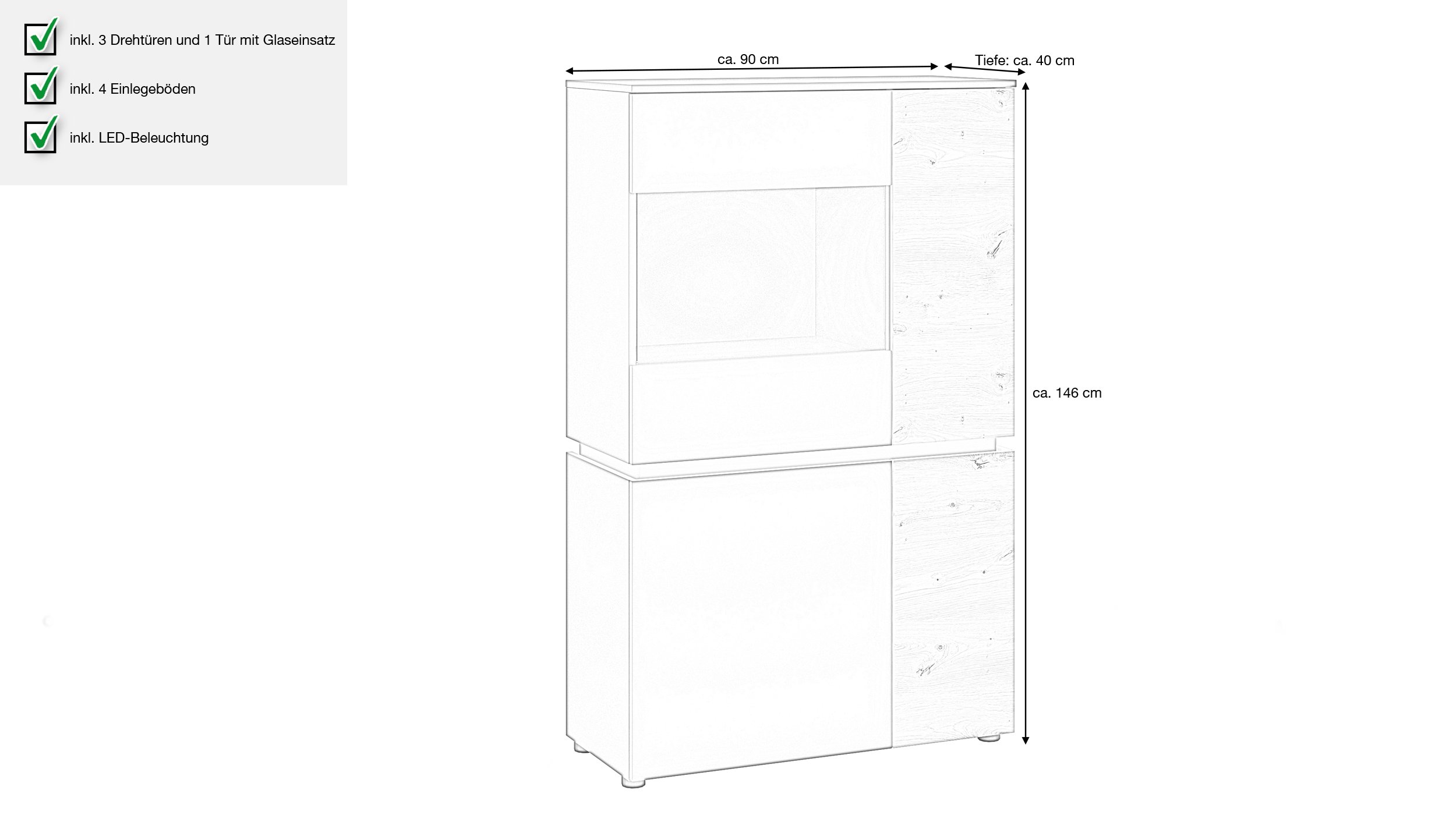 Vitrine mit Beleuchtung Artisan Eiche - grau B 90 x H 146 cm - LUCI