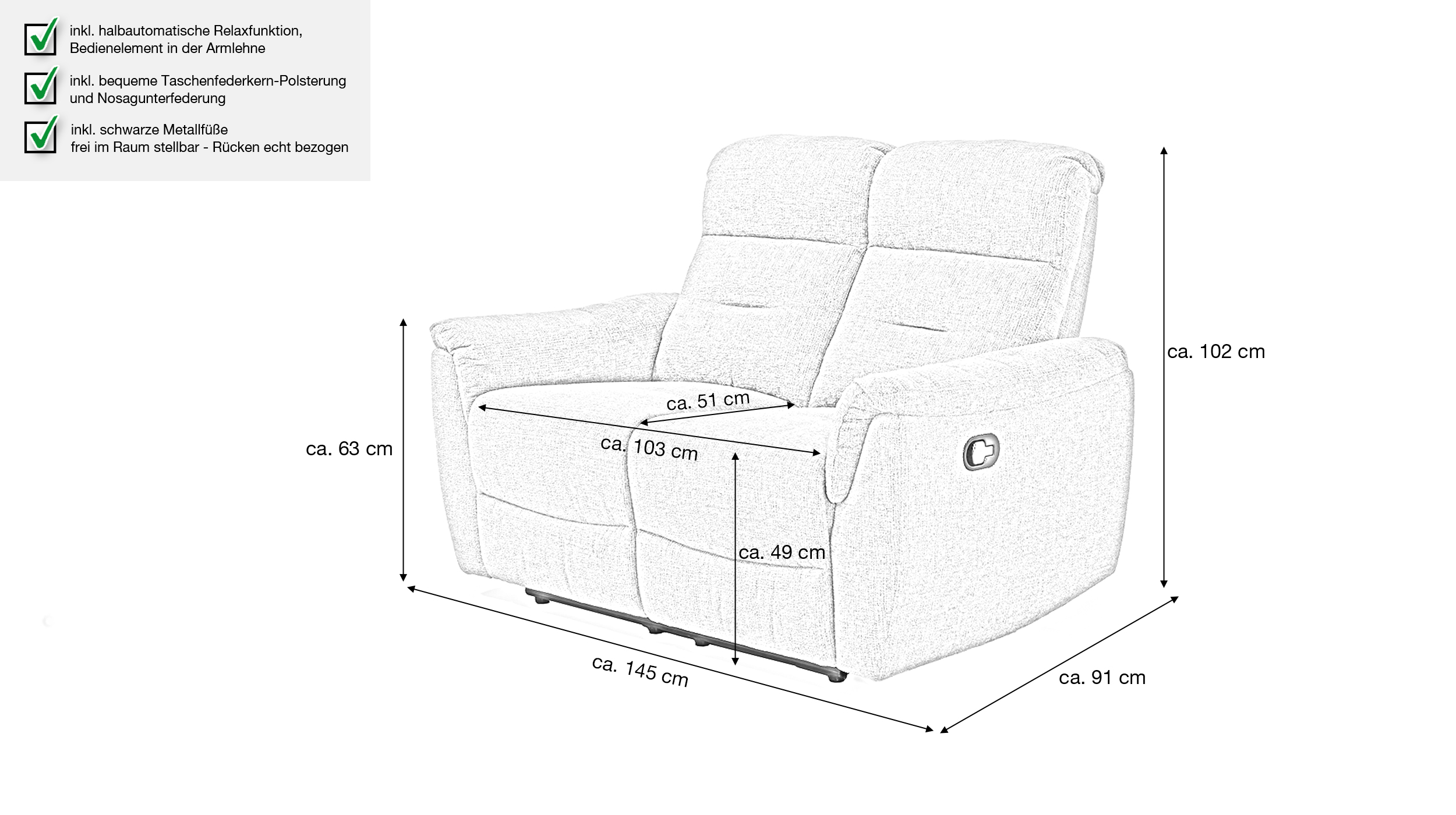 Einzelsofa 2-Sitzer Chenille grau 145 cm - Relaxfunktion - UTAH