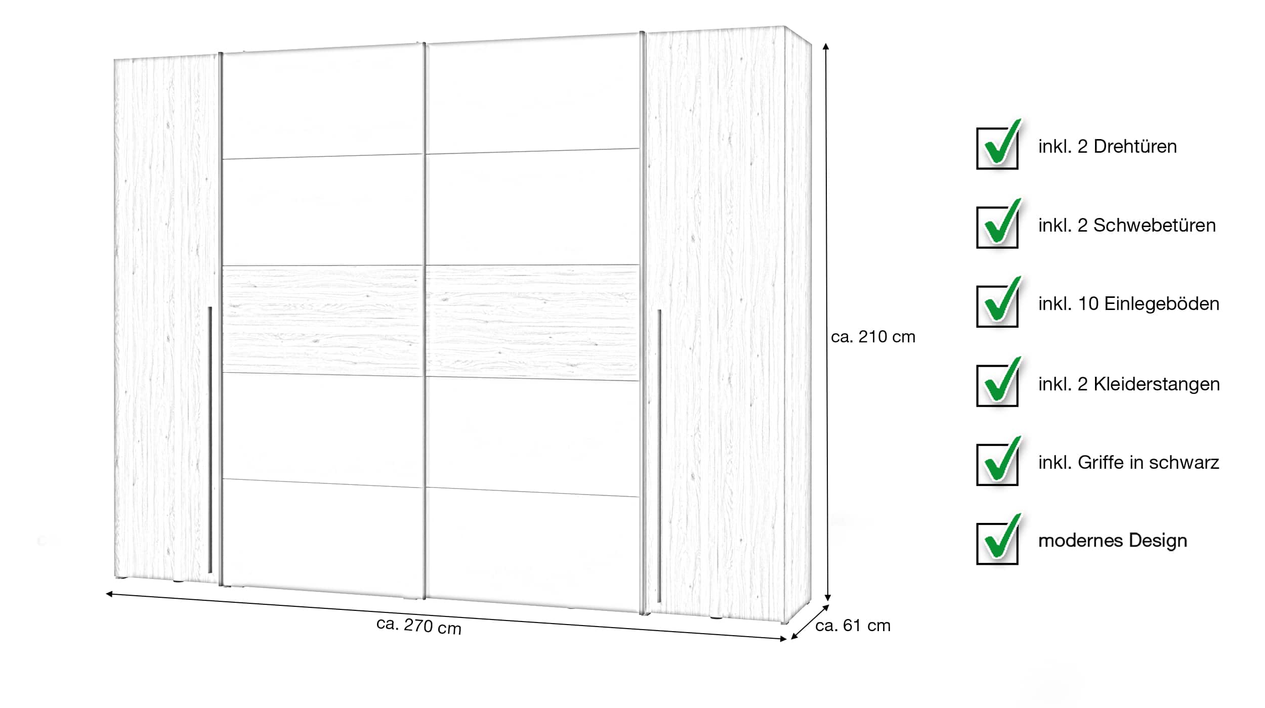 Kleiderschrank Eiche - grün - 270 cm - Schwebetüren - NARAGO 