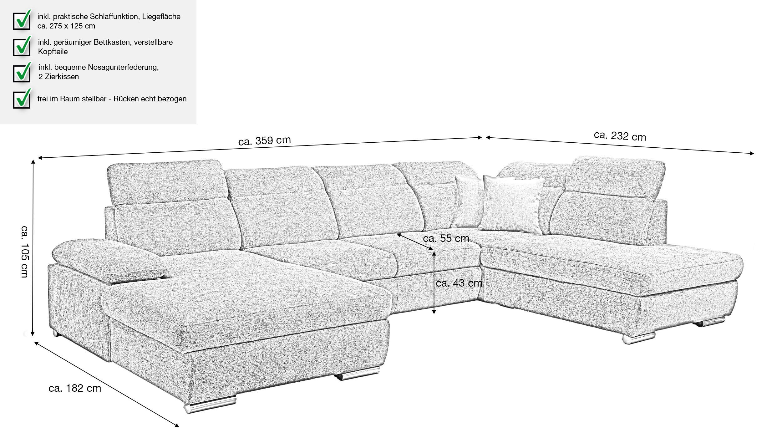 Wohnlandschaft Schlaffunktion anthrazit mit Bettkasten 359 cm - CORDOBA