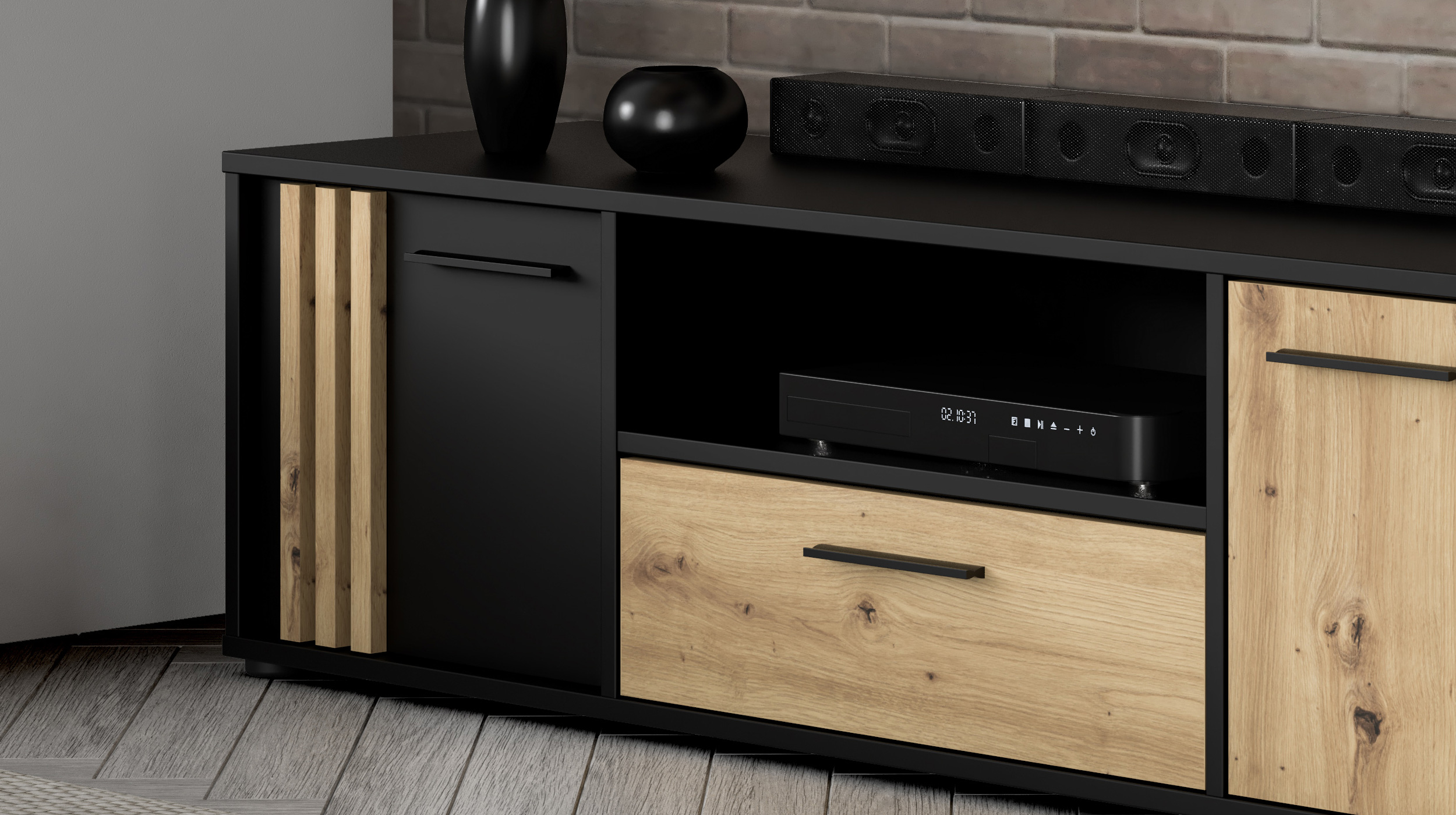 TV - Lowboard Artisan Eiche - schwarz 163 cm TV-Board - CARDIGAN