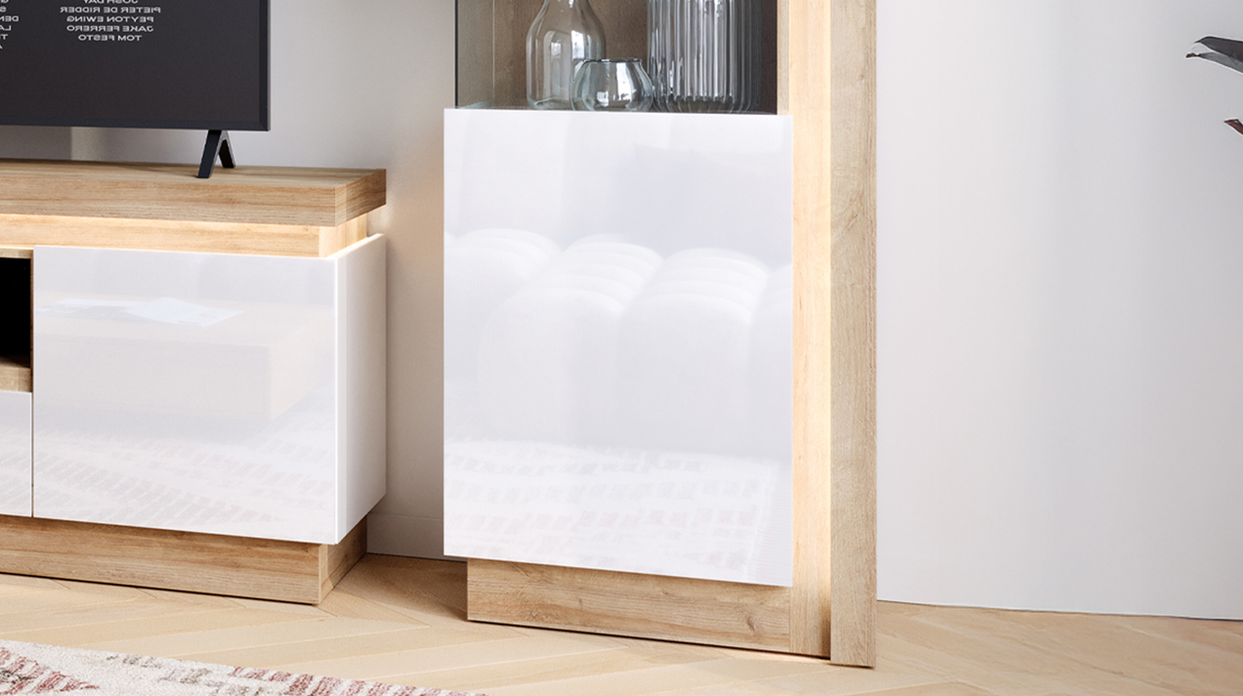 Vitrine mit Beleuchtung weiß Hochglanz - Riviera Eiche Breite 60 cm - LYON