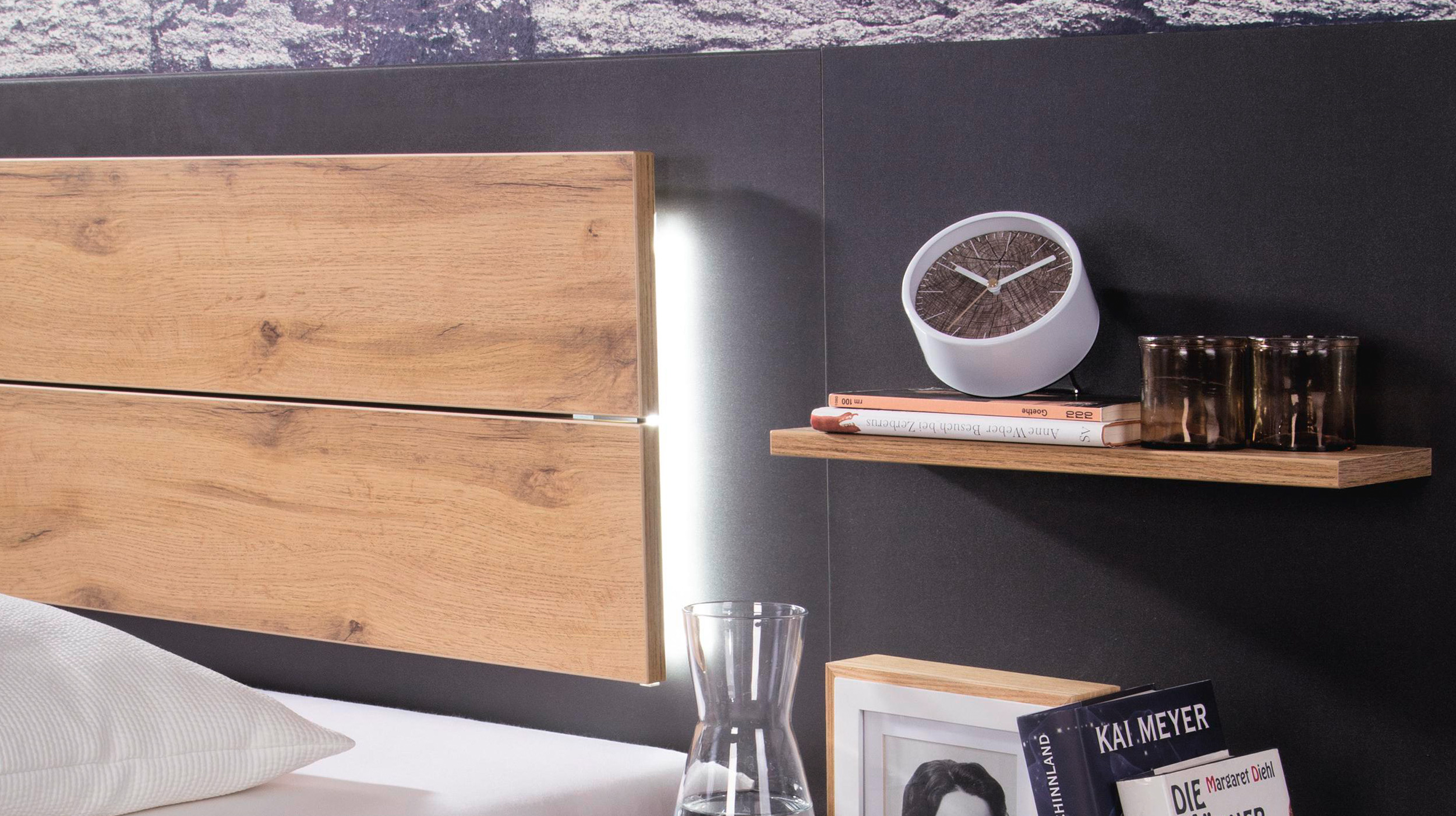 Bettanlage 180 x 200 cm grau - Eiche - Beleuchtung - rauch - BOSTON