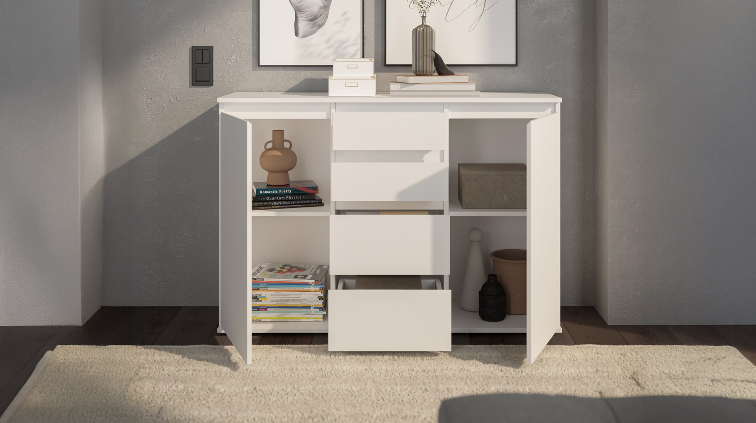 Kommode mit 4 Schubladen weiß 119 x 35 cm - 2-türig - BRESTA