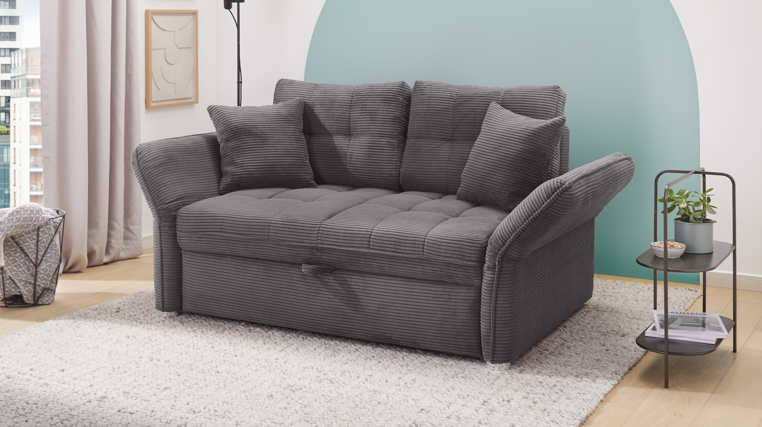 Schlafsofa Cord grau ausziehbar 147 x 105 cm - LEON