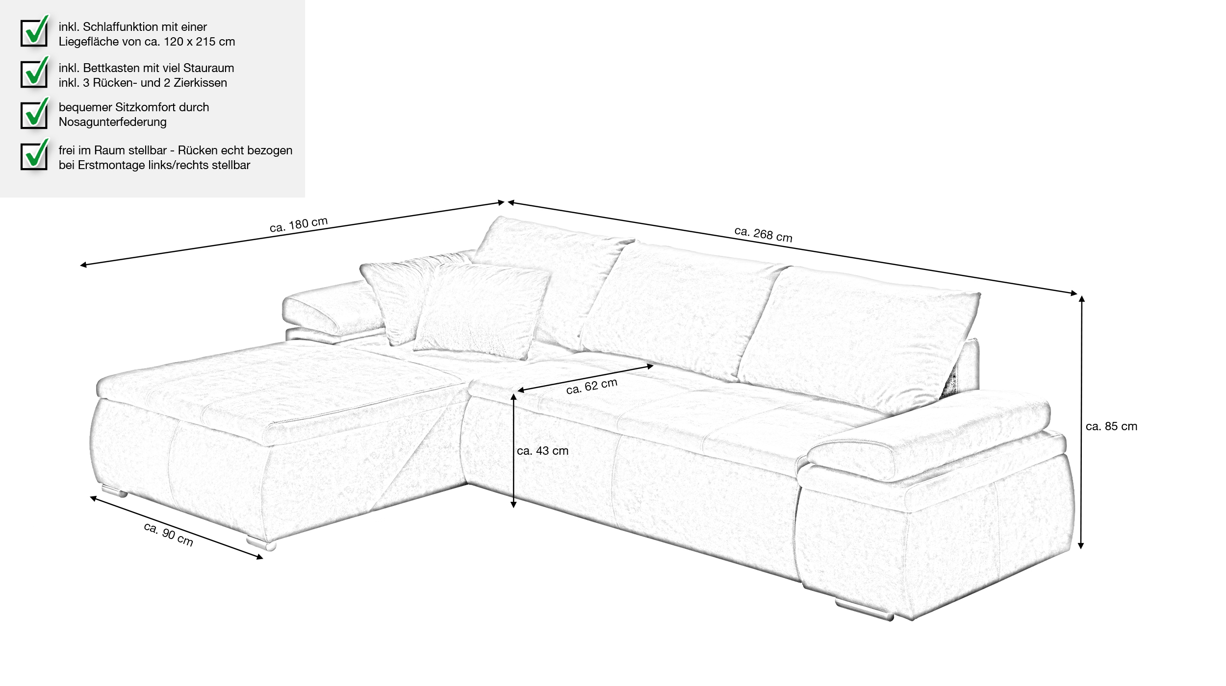 Ecksofa mit Schlaffunktion anthrazit 268 x 180 cm - CELINA