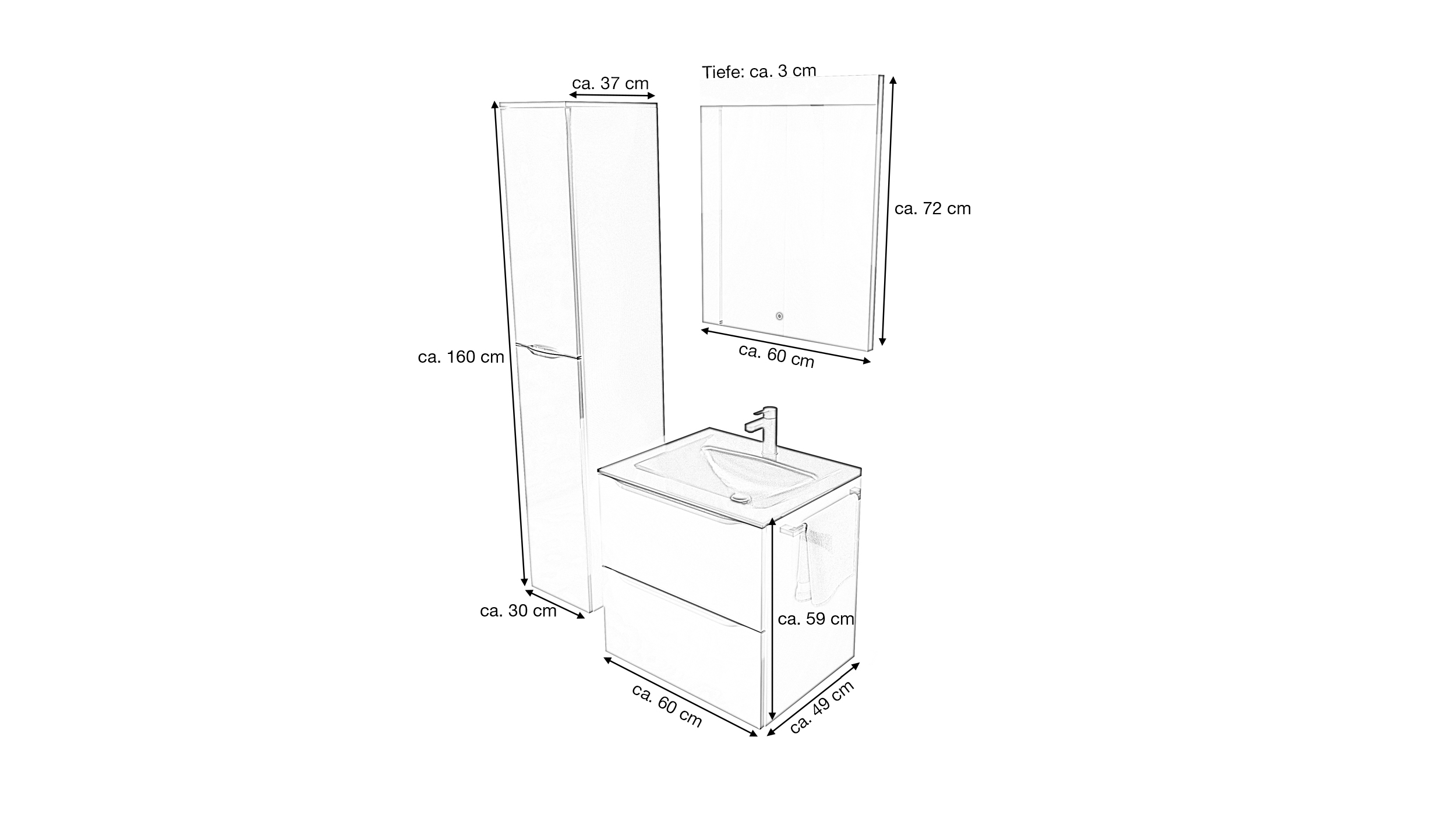 Badmöbel-Set weiß Glanz - 3-Teile mit HS - Waschtisch 60 cm - FRANA