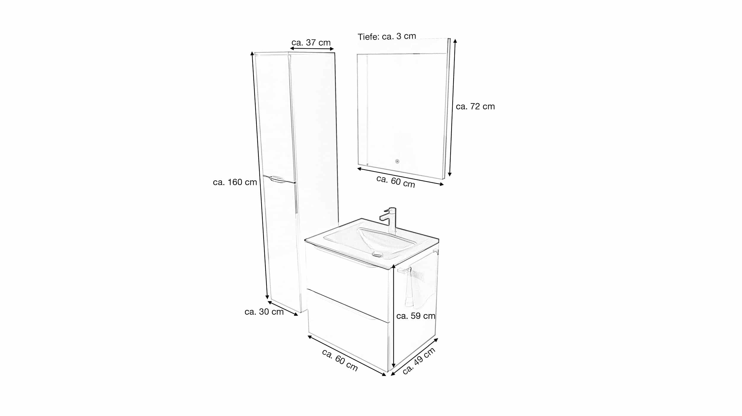 Nobilia Badmöbelset Alpinweiß Glanz - 3-tlg HS - Waschtisch 60 cm - FRANA