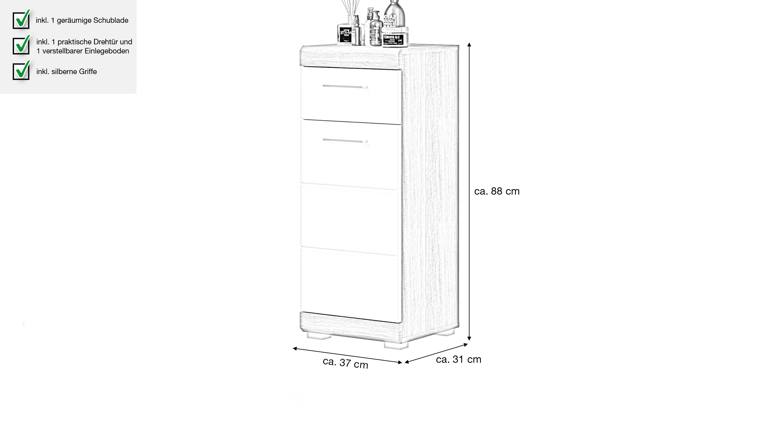 Bad Unterschrank weiß hochglanz - grau 37 cm - 1 Tür 1 Schublade - SCOUT