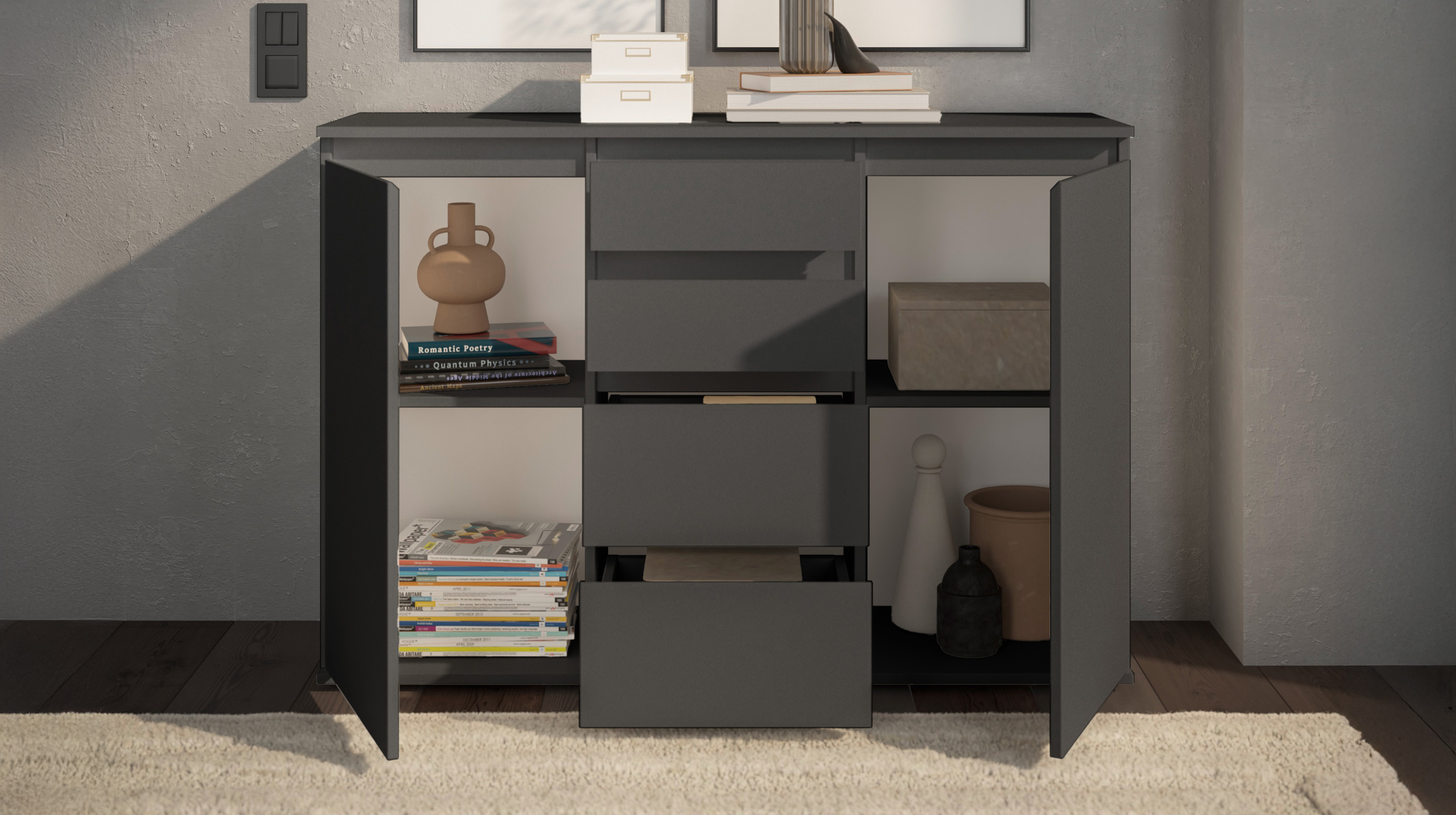 Kommode mit 4 Schubladen anthrazit 119 x 35 cm - 2-türig - BRESTA