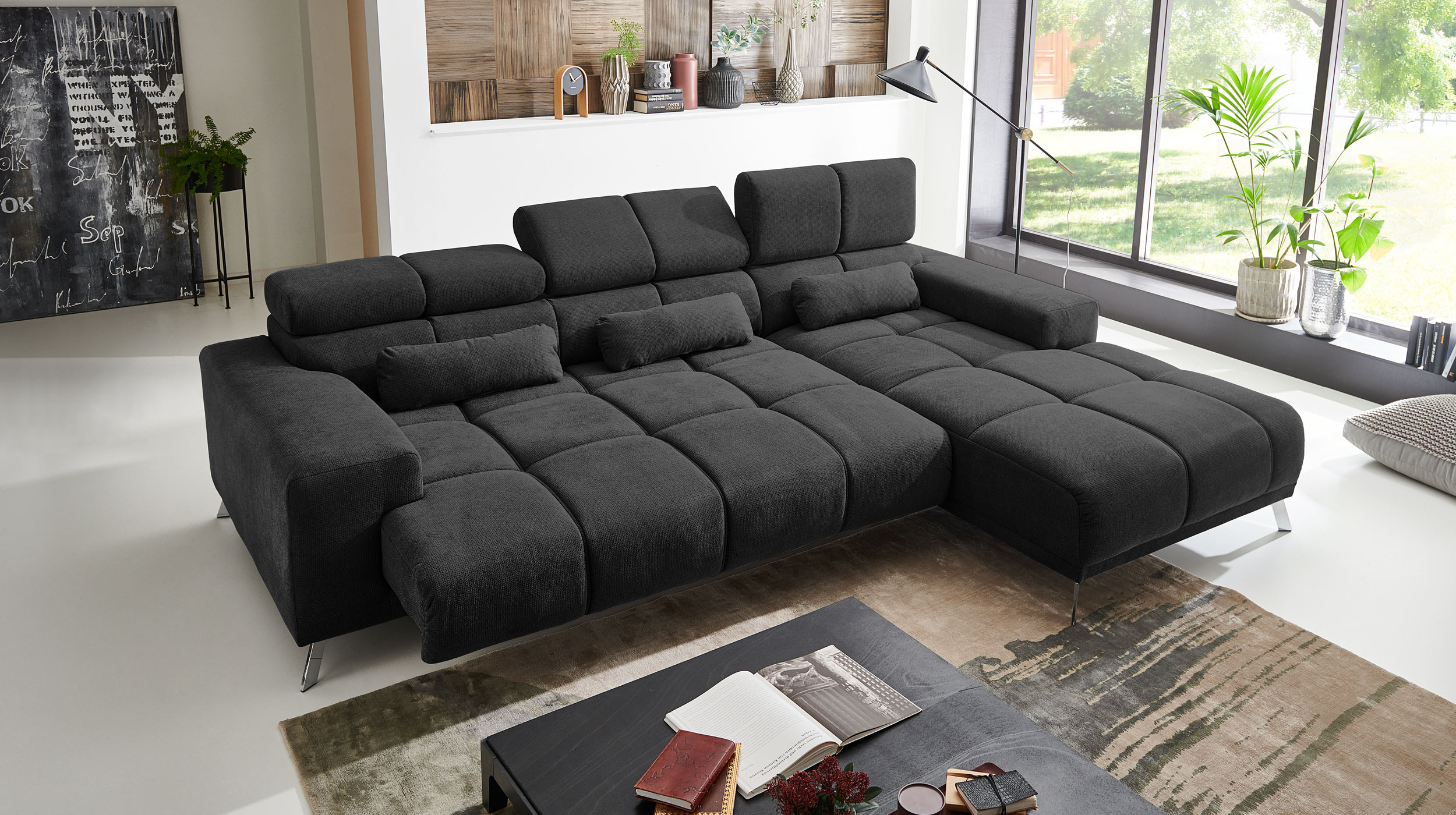 Ecksofa schwarz ausziehbar - Sitztiefenverstellung 285 cm - OT rechts - SPEED