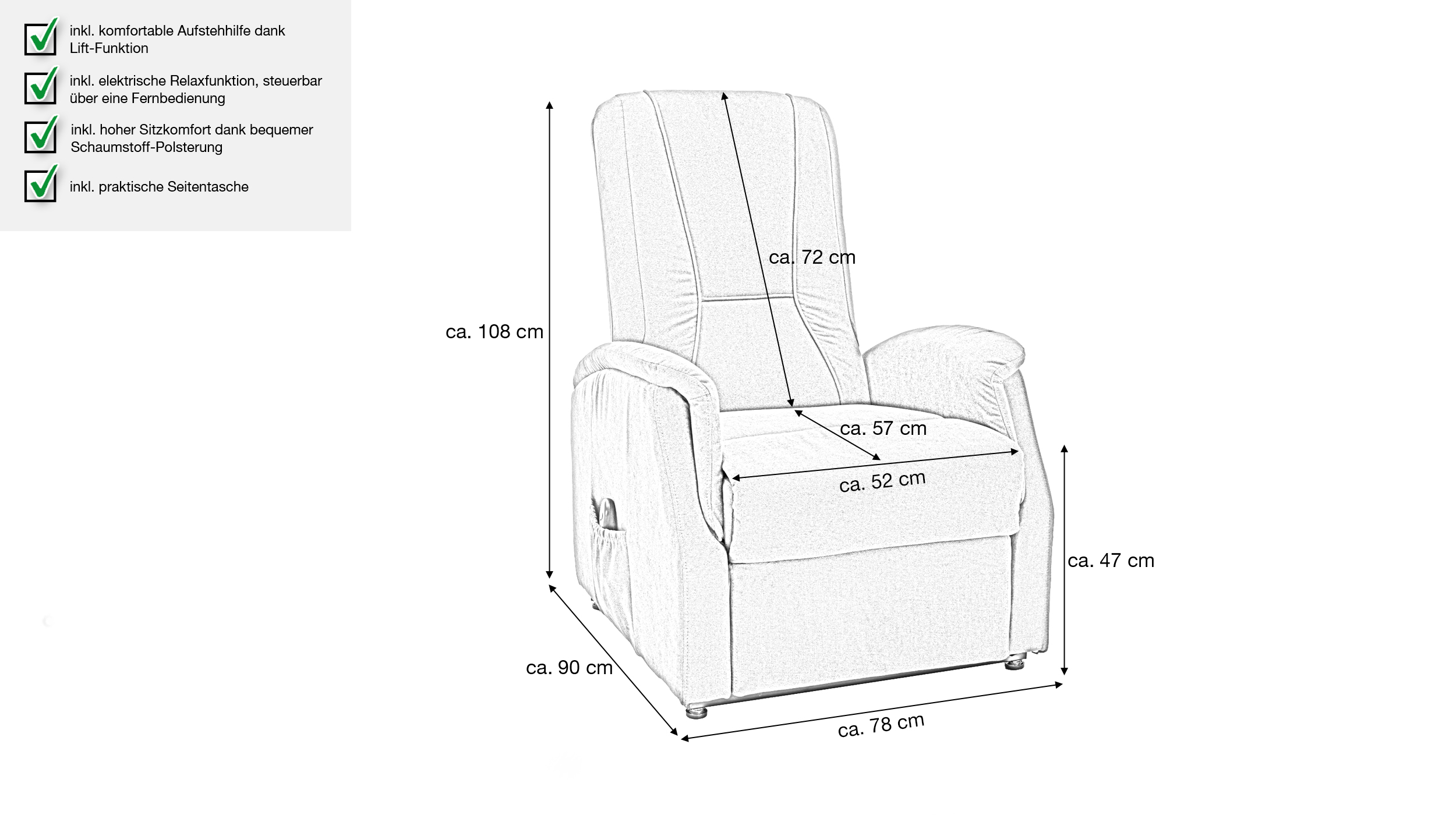 Fernsehsessel grau Samtbezug mit Motor und Aufstehhilfe - LEANA