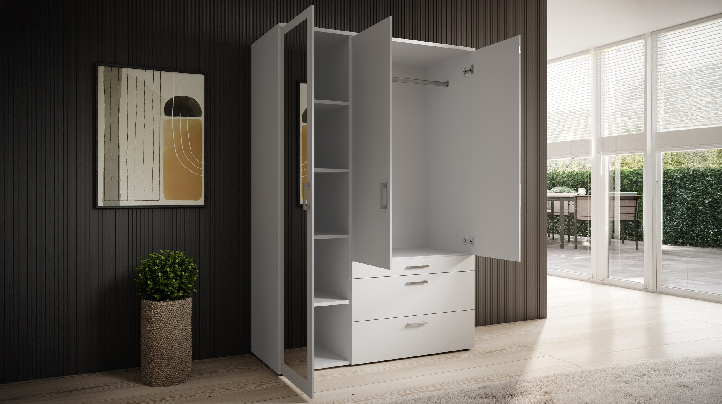 Kleiderschrank weiß mit Spiegel - 135 cm - 3-türig - VESALA