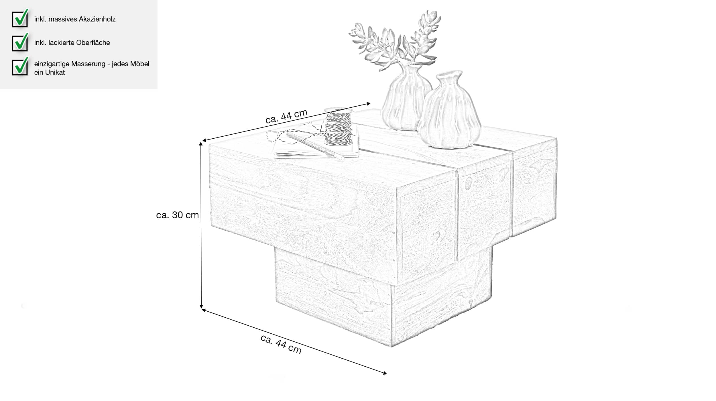 Couchtisch Akazie lackiert massiv 44 x 30 cm - CUBESO