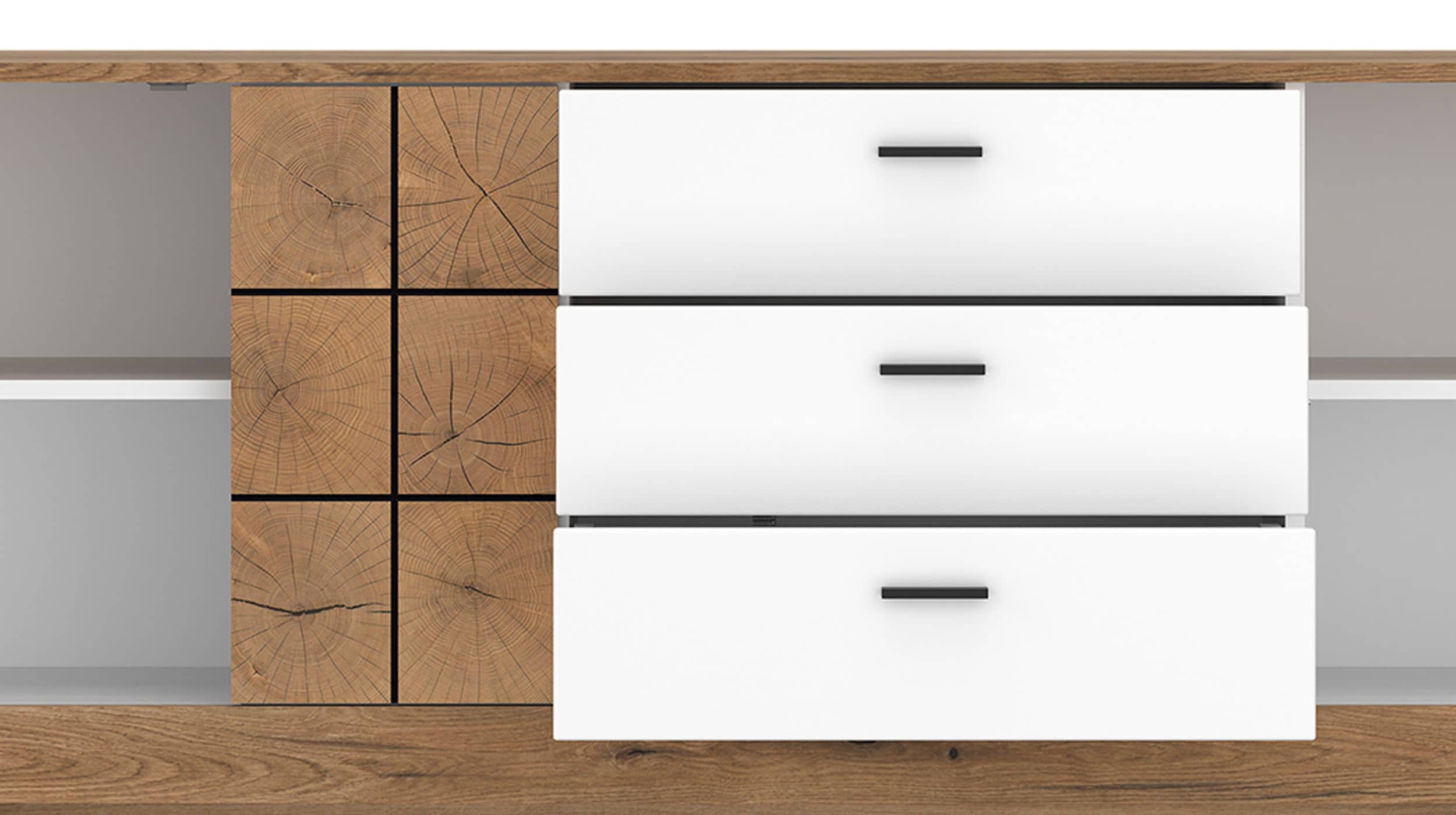 Sideboard mit 3 Schubladen weiß Hochglanz - Eiche 184 cm - ORETA