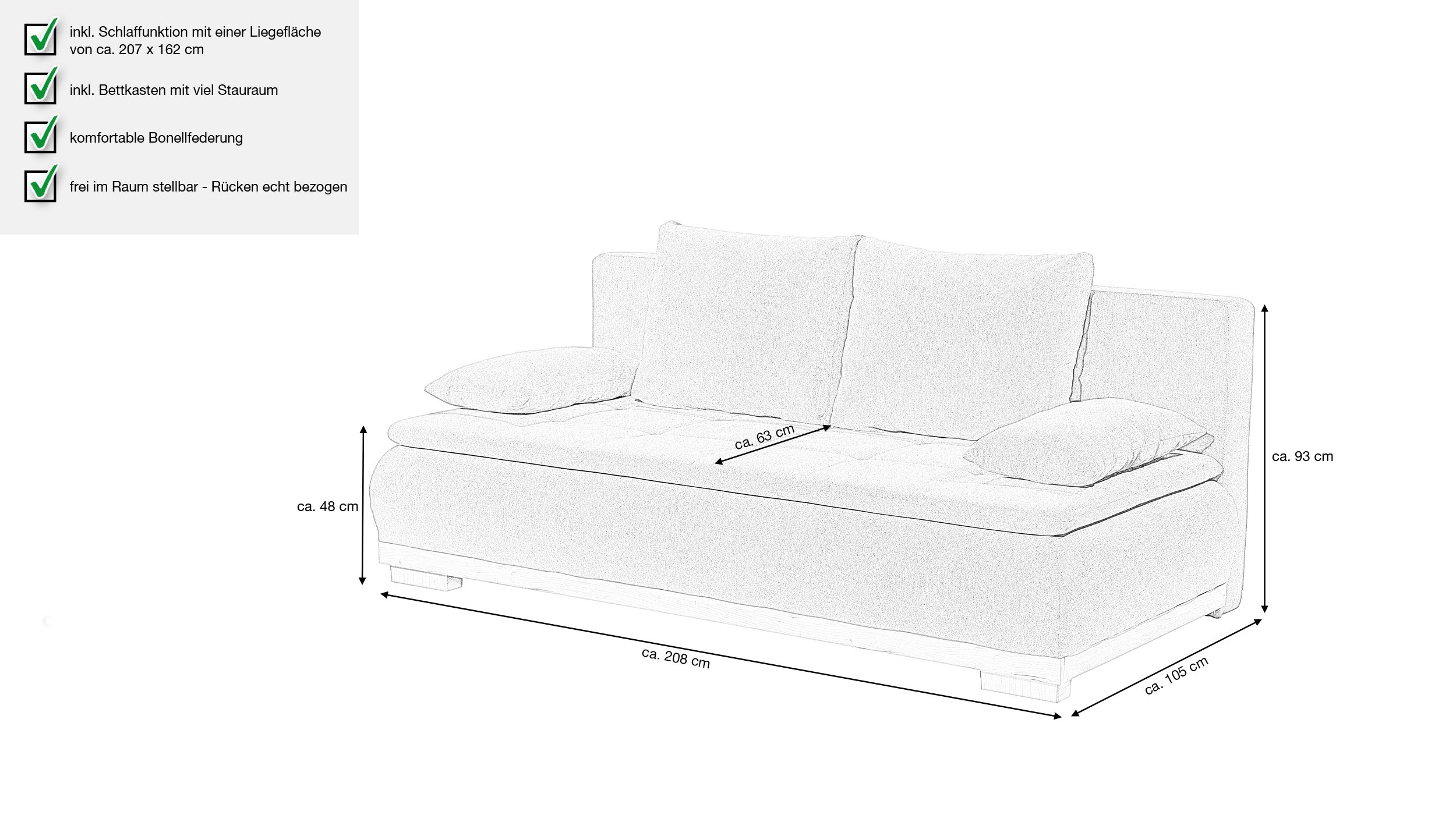 Schlafsofa grau mit Bettkasten Federkern 208 x 105 cm - AMBRA