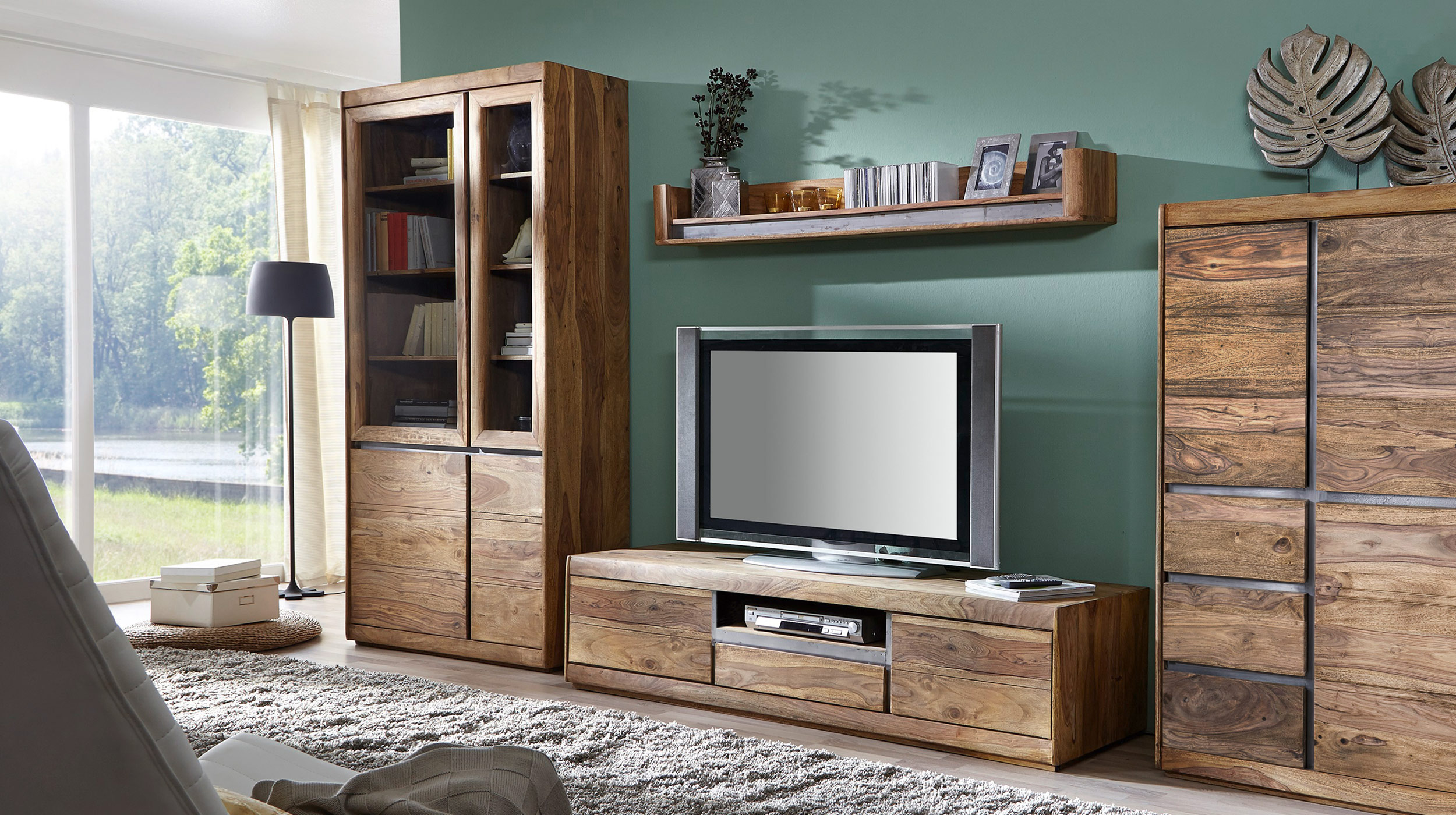 Vitrine mit 2 Glastüren Sheesham massiv gebeizt B 102 cm - SENSO