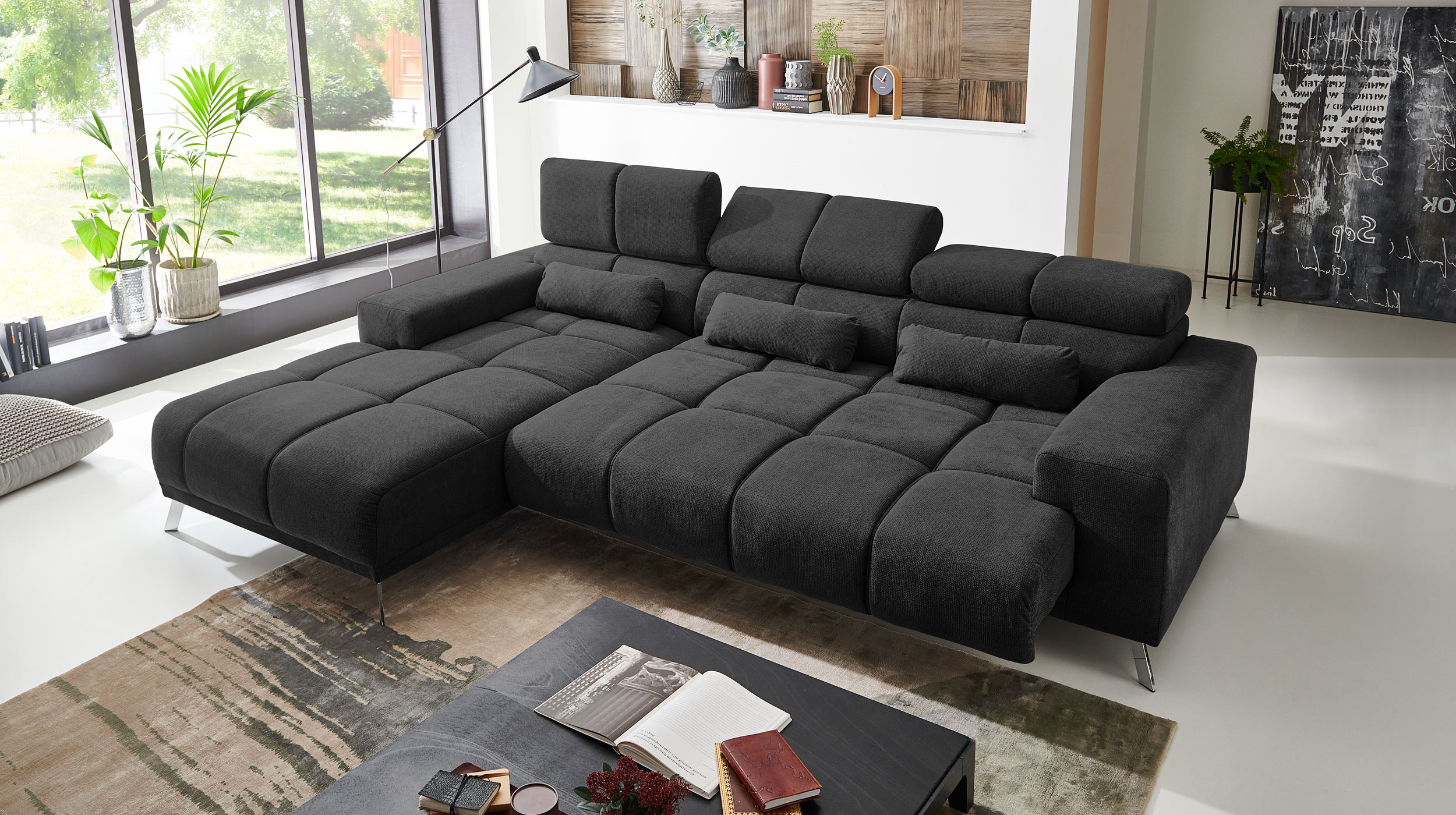 Ecksofa schwarz ausziehbar - Sitztiefenverstellung 285 cm - OT links - SPEED