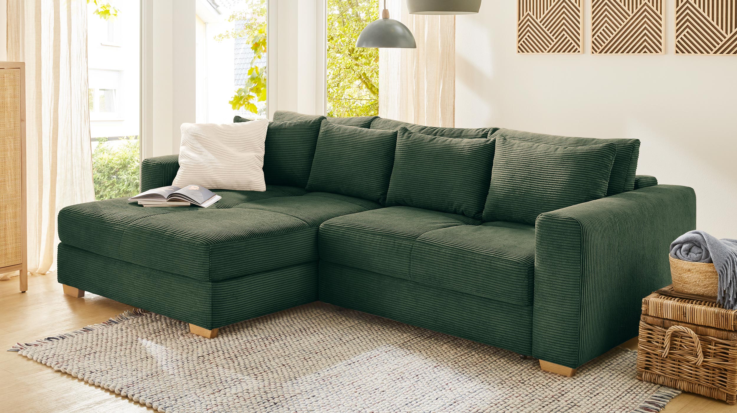 Ecksofa Cord grün Schlaffunktion Bettkasten 288 x 186 cm - KAMPEN